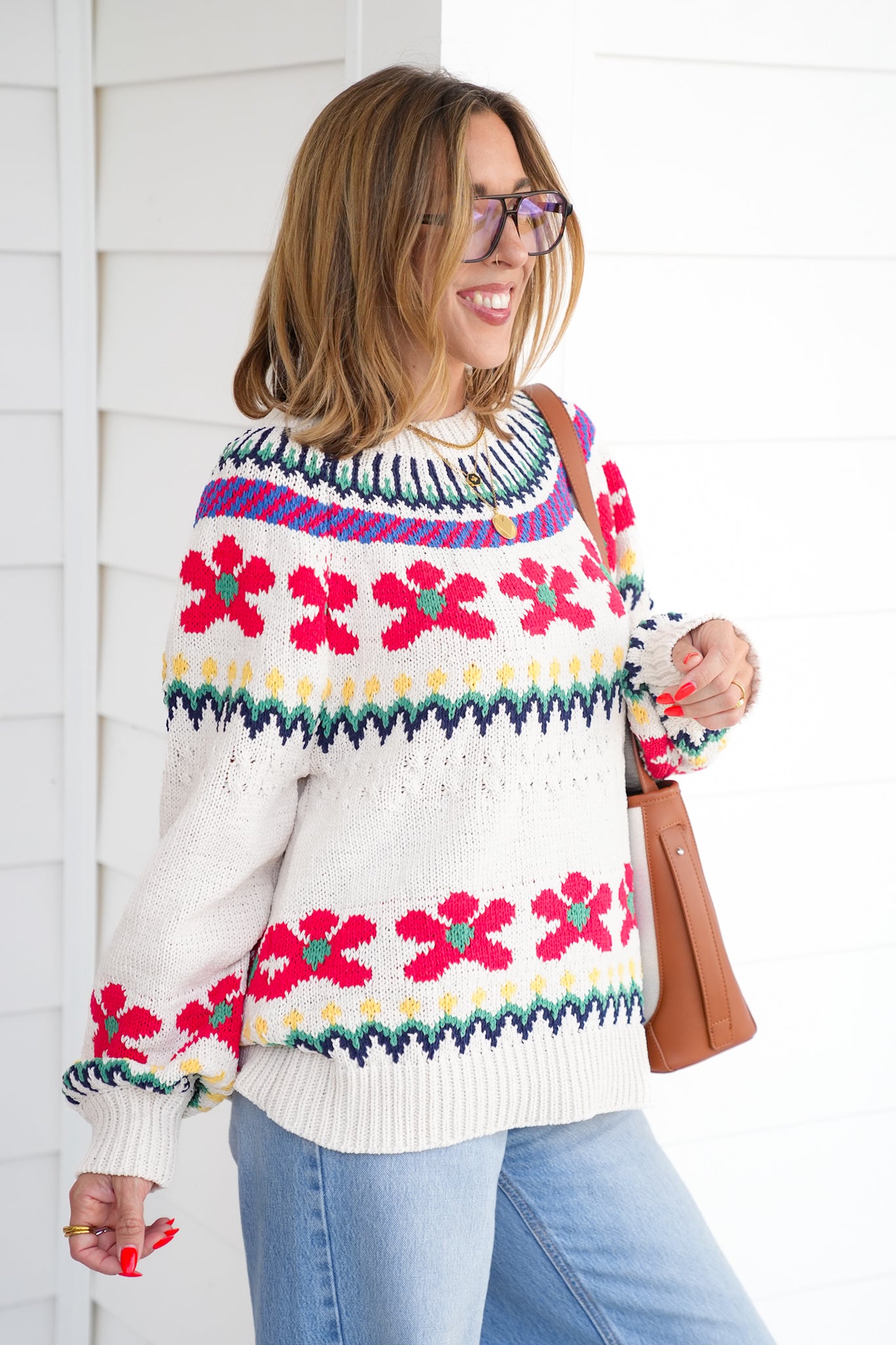 POL Floral Print Long Sleeve Round Neck Sweater