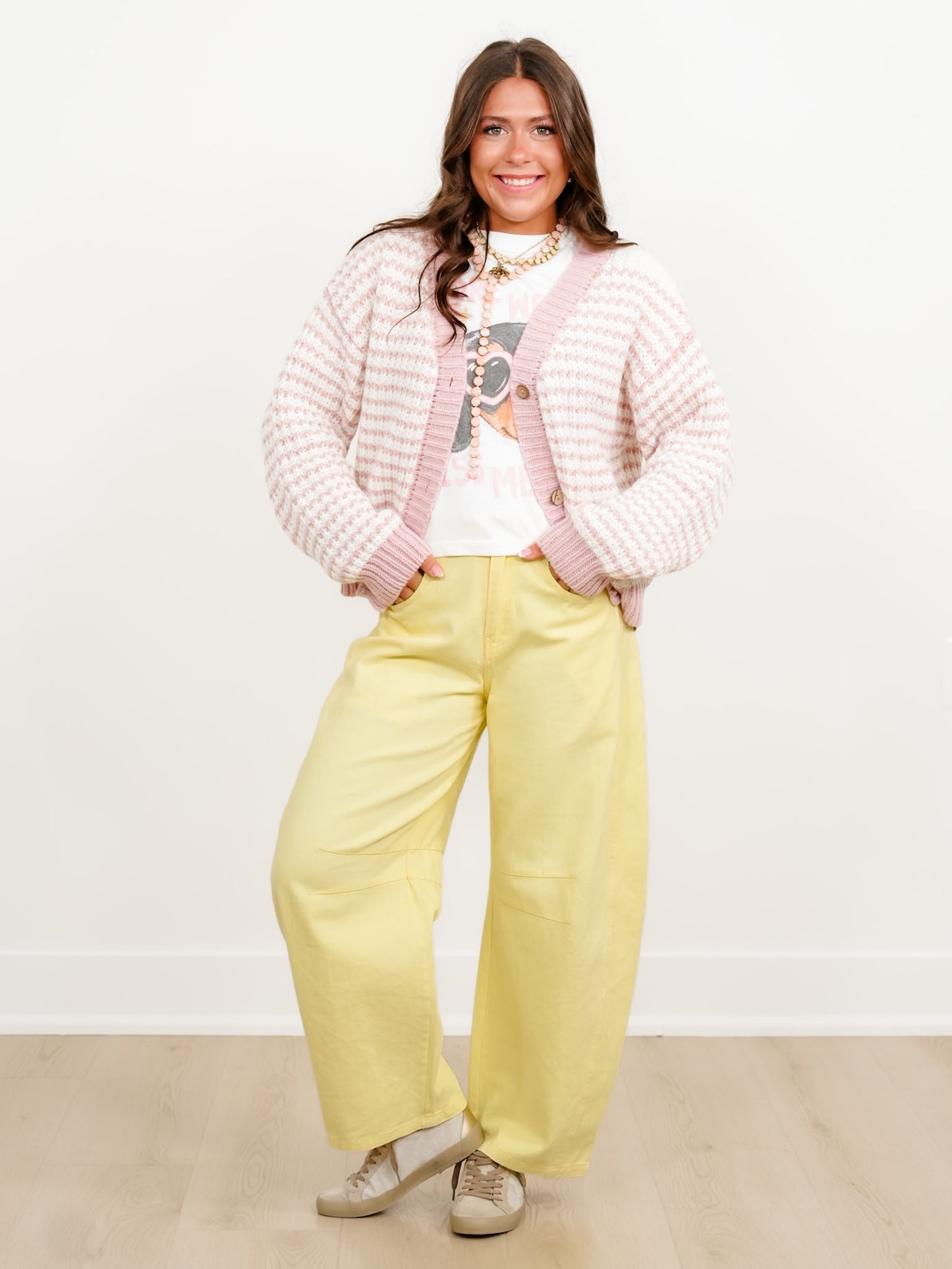 Plus/Reg Stripe Knit Long Sleeve Button Down Cardigan
