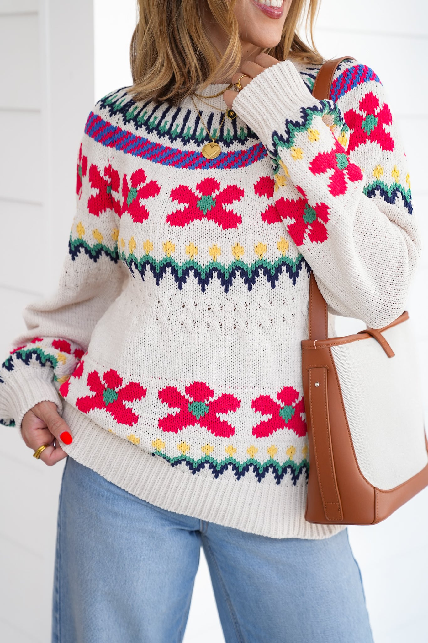 POL Floral Print Long Sleeve Round Neck Sweater