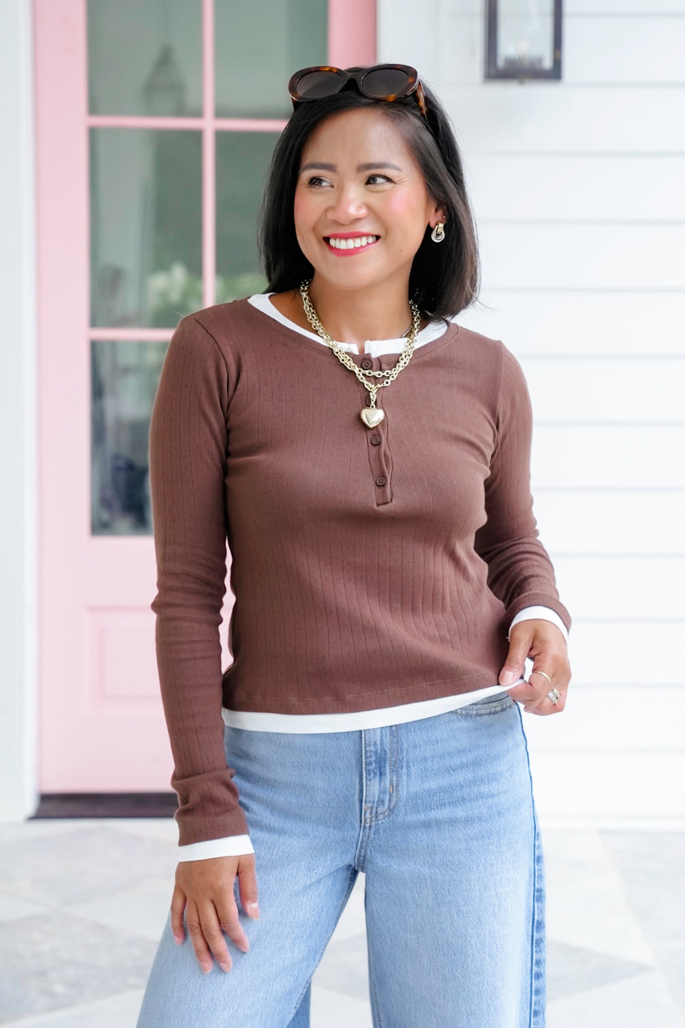 Ribbed Knit Long Sleeve Button Up Layered Top
