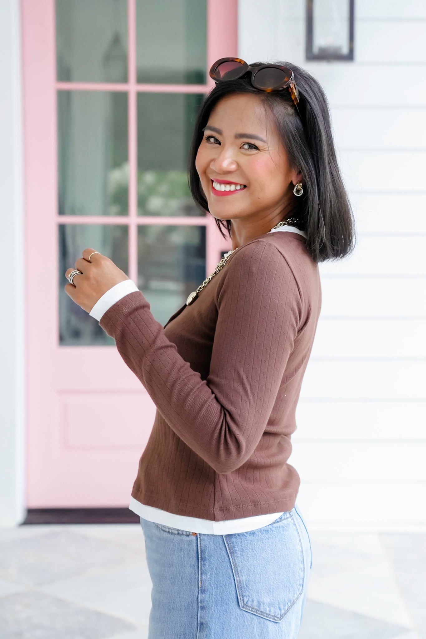 Ribbed Knit Long Sleeve Button Up Layered Top