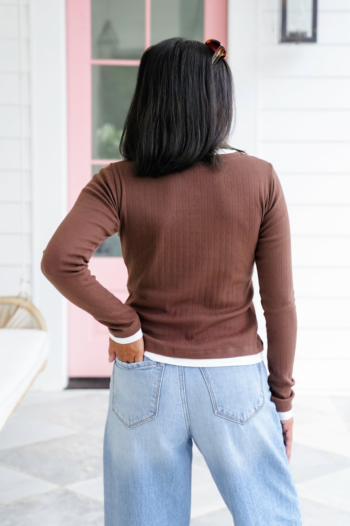 Ribbed Knit Long Sleeve Button Up Layered Top