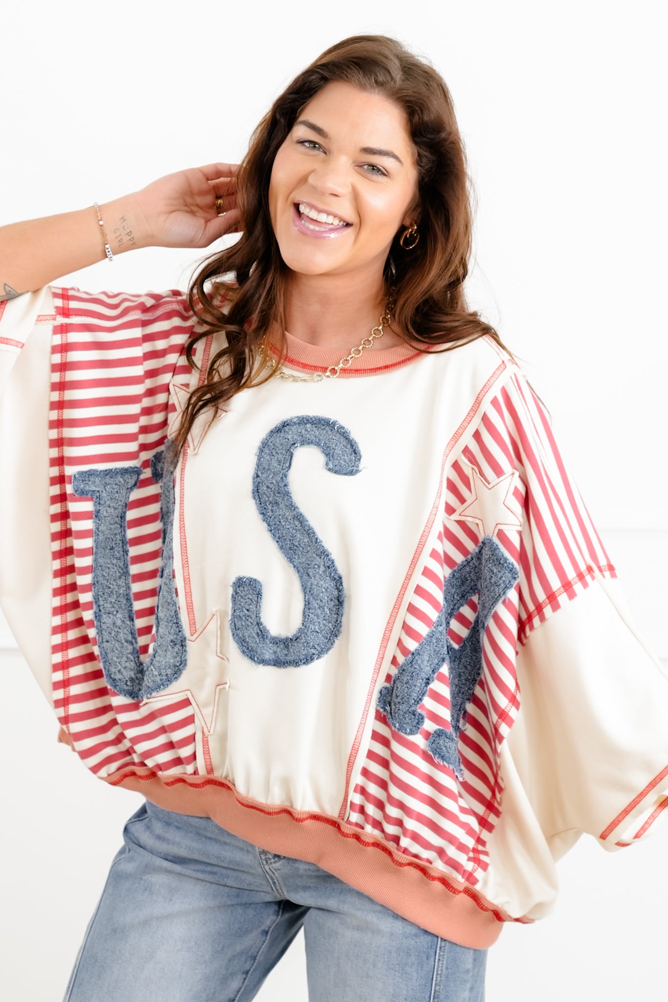 Color Block and Stripe 3/4 Sleeve Top with Denim "USA" Patchwork Detail