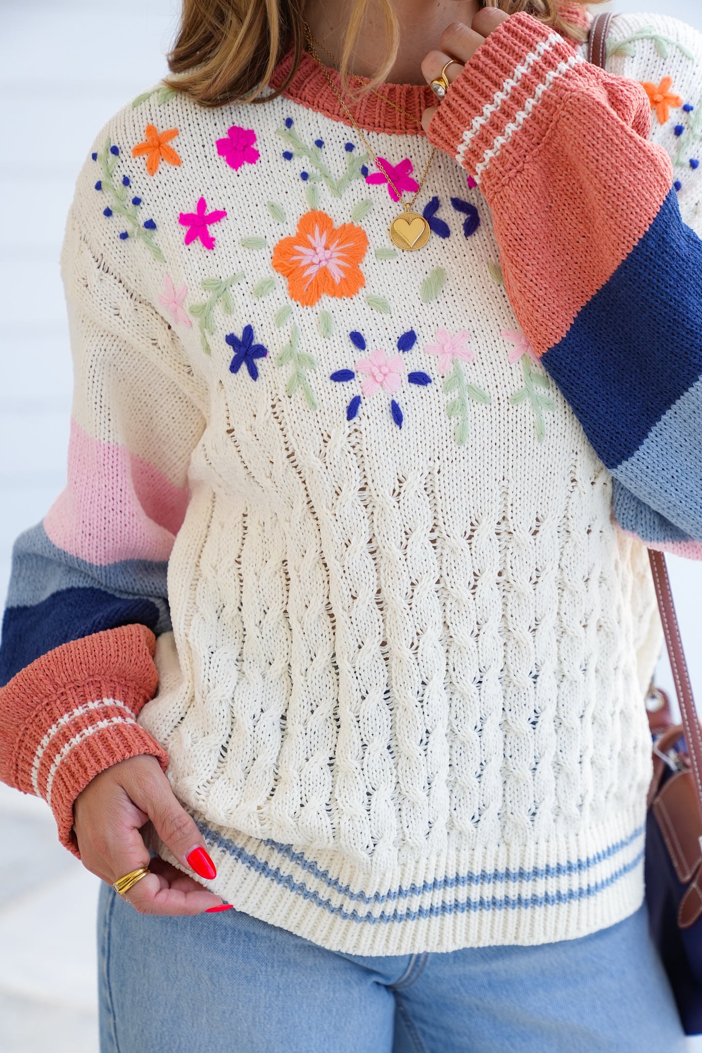 POL Floral Color Block Long Sleeve Round Neck Sweater