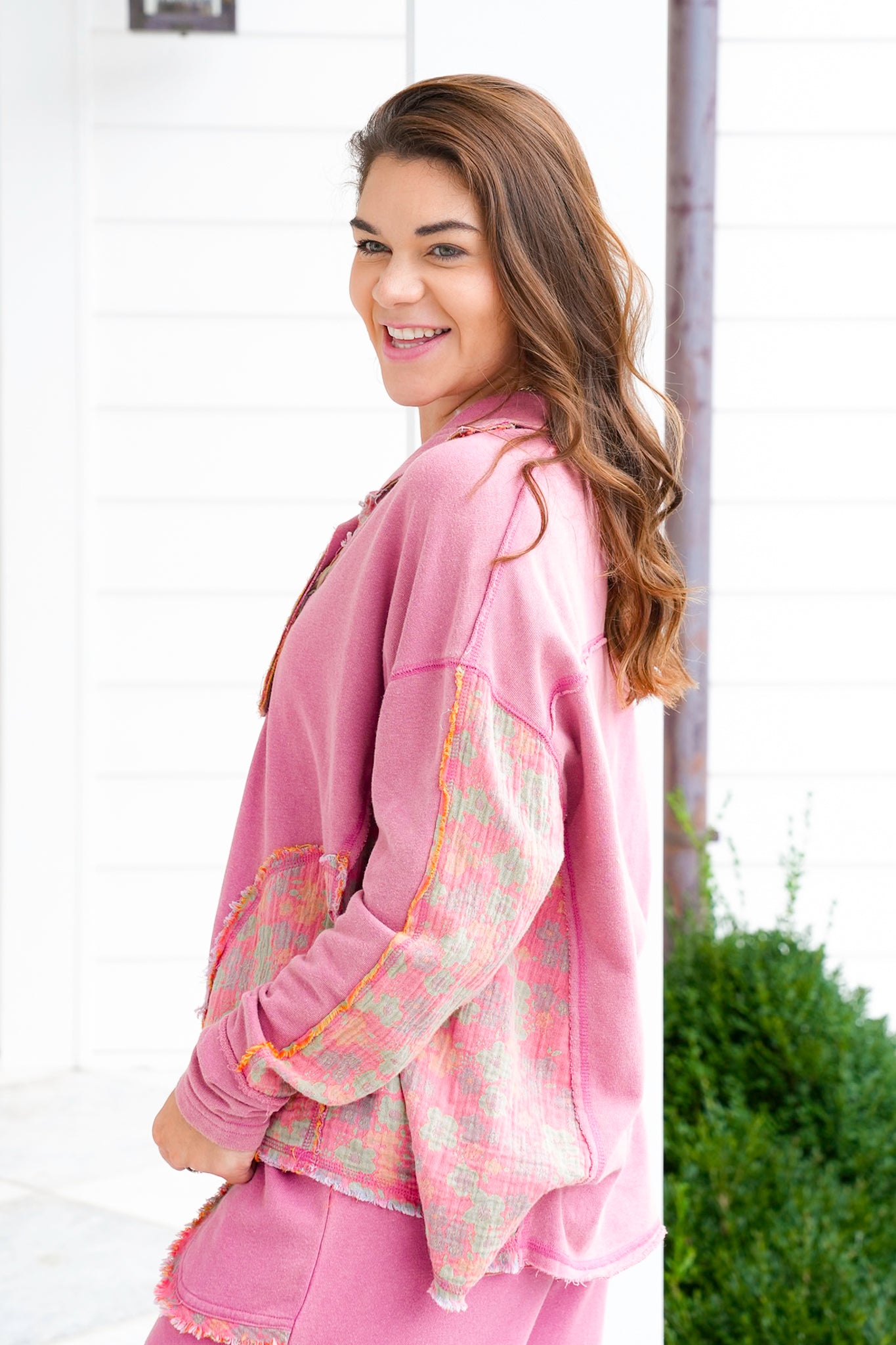 Mineral Wash Long Sleeve Button Up Top with Floral Accent