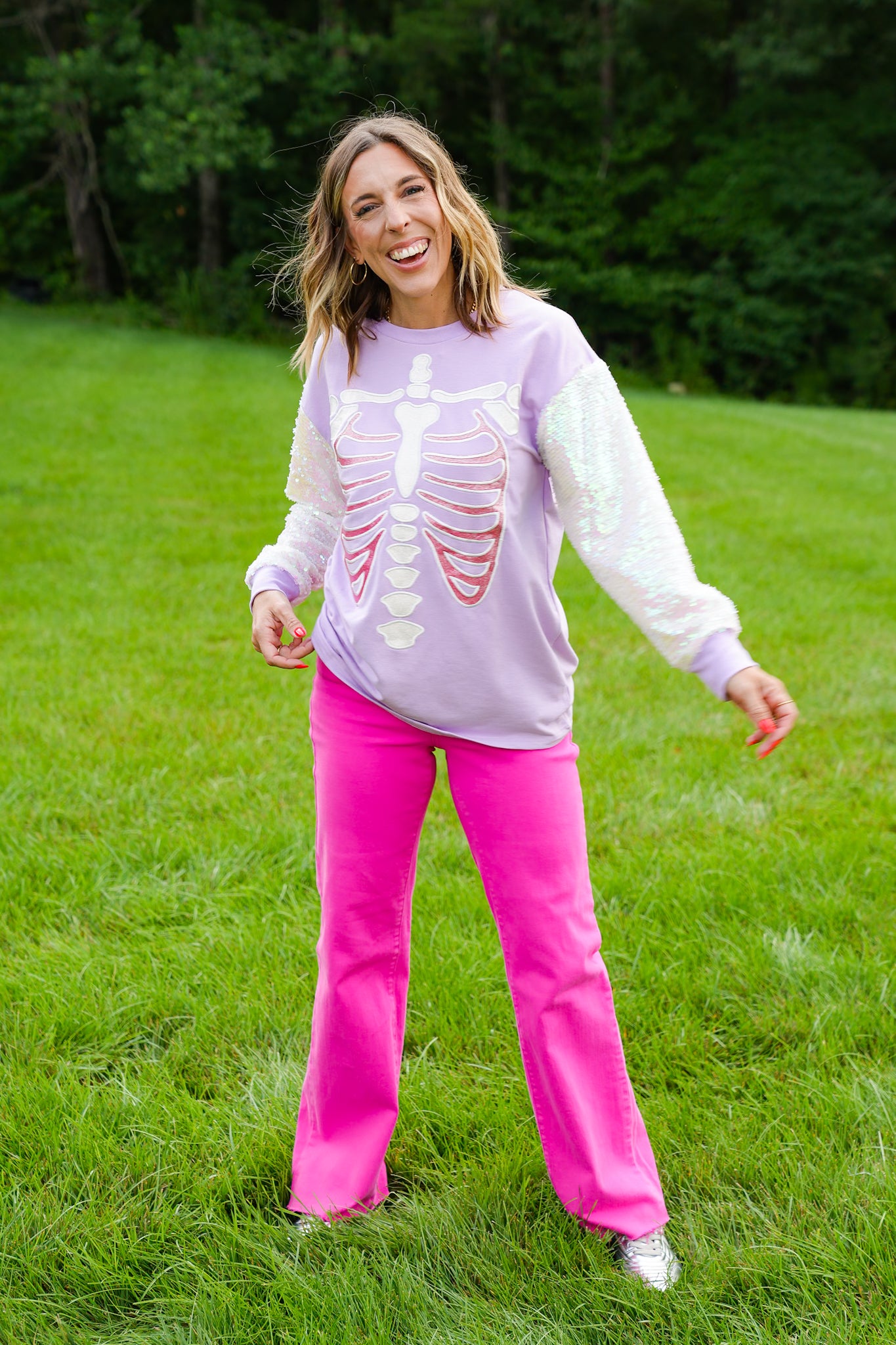 Plus/Reg Glitter Skeleton Long Sleeve Top with Sequins