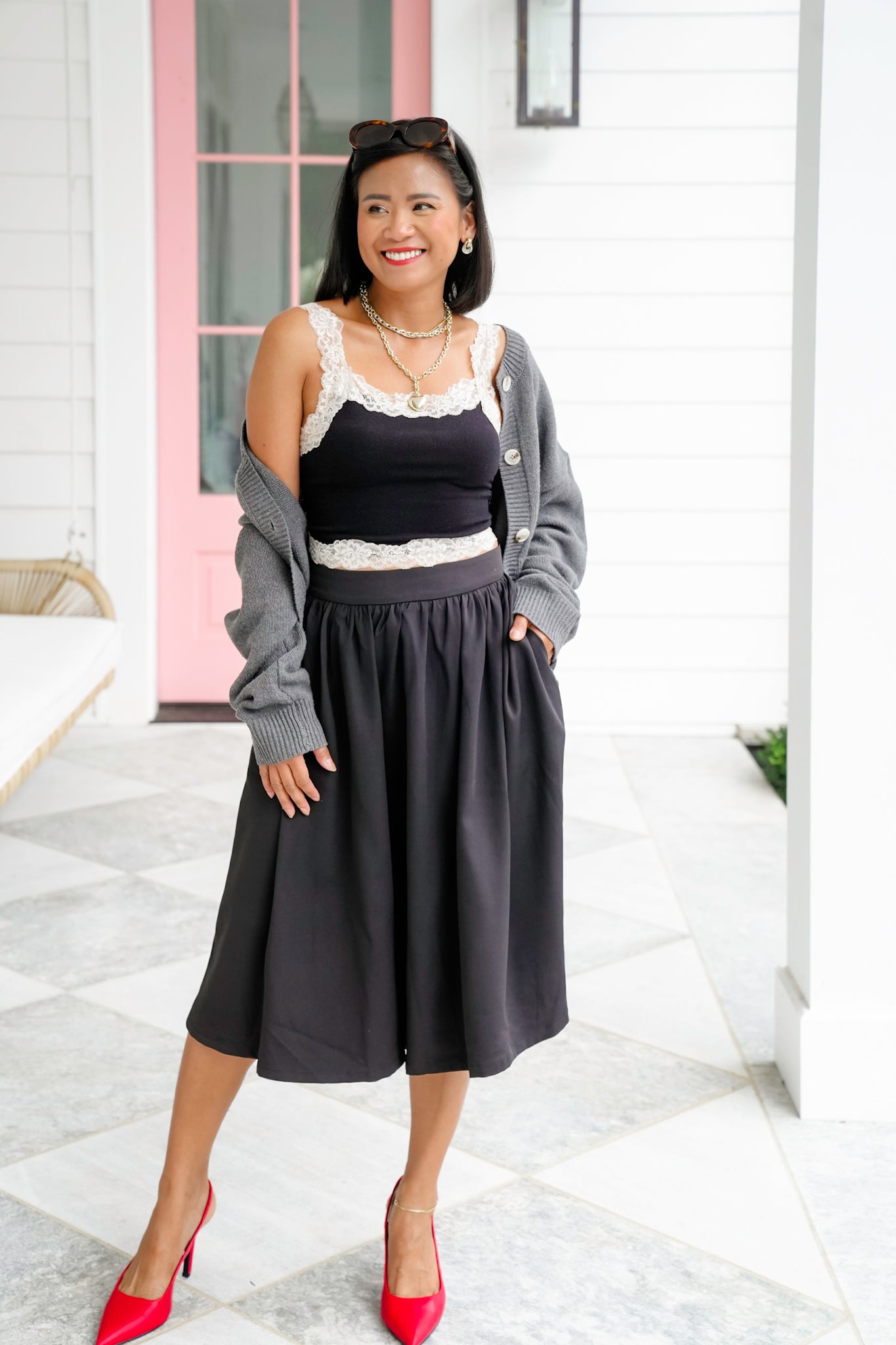 Knit Cropped Tank Top with Lace Detail