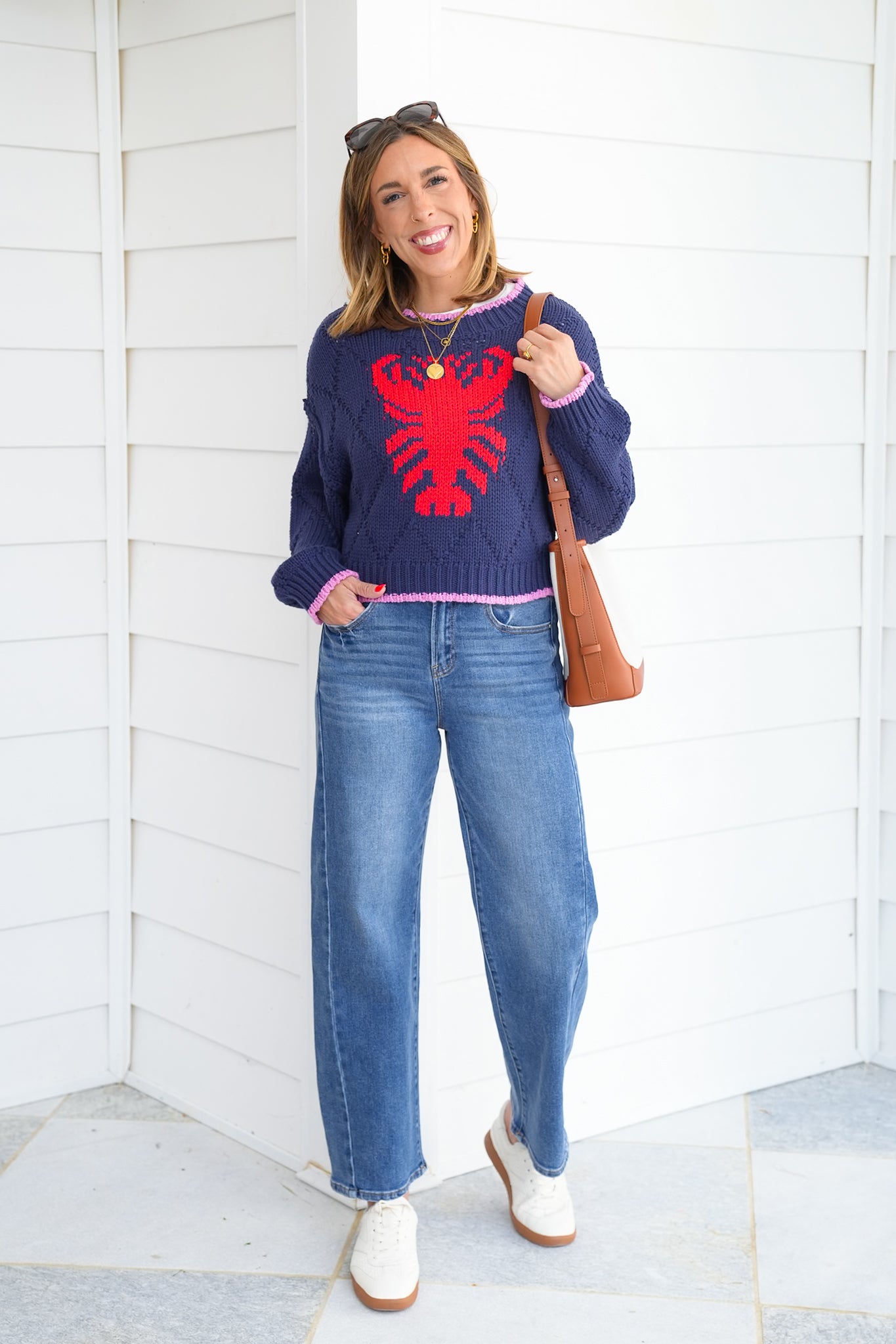 Lobster Knit Long Sleeve Cropped Pullover Sweater
