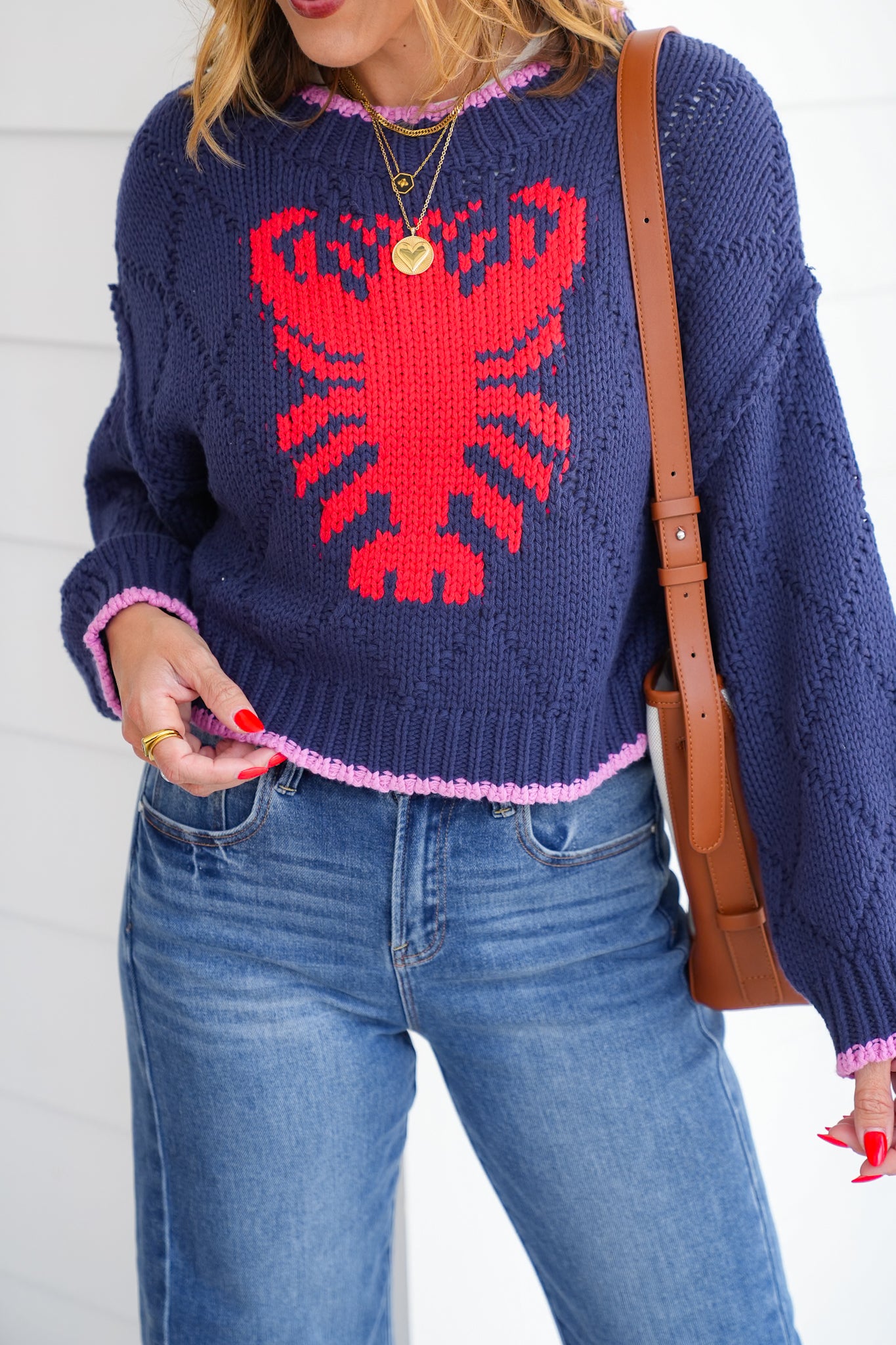 Lobster Knit Long Sleeve Cropped Pullover Sweater