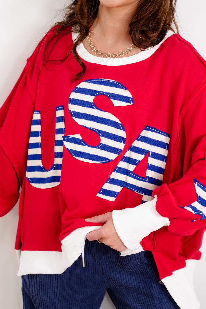 Long Sleeve French Terry Top with "USA" Patchwork Detail