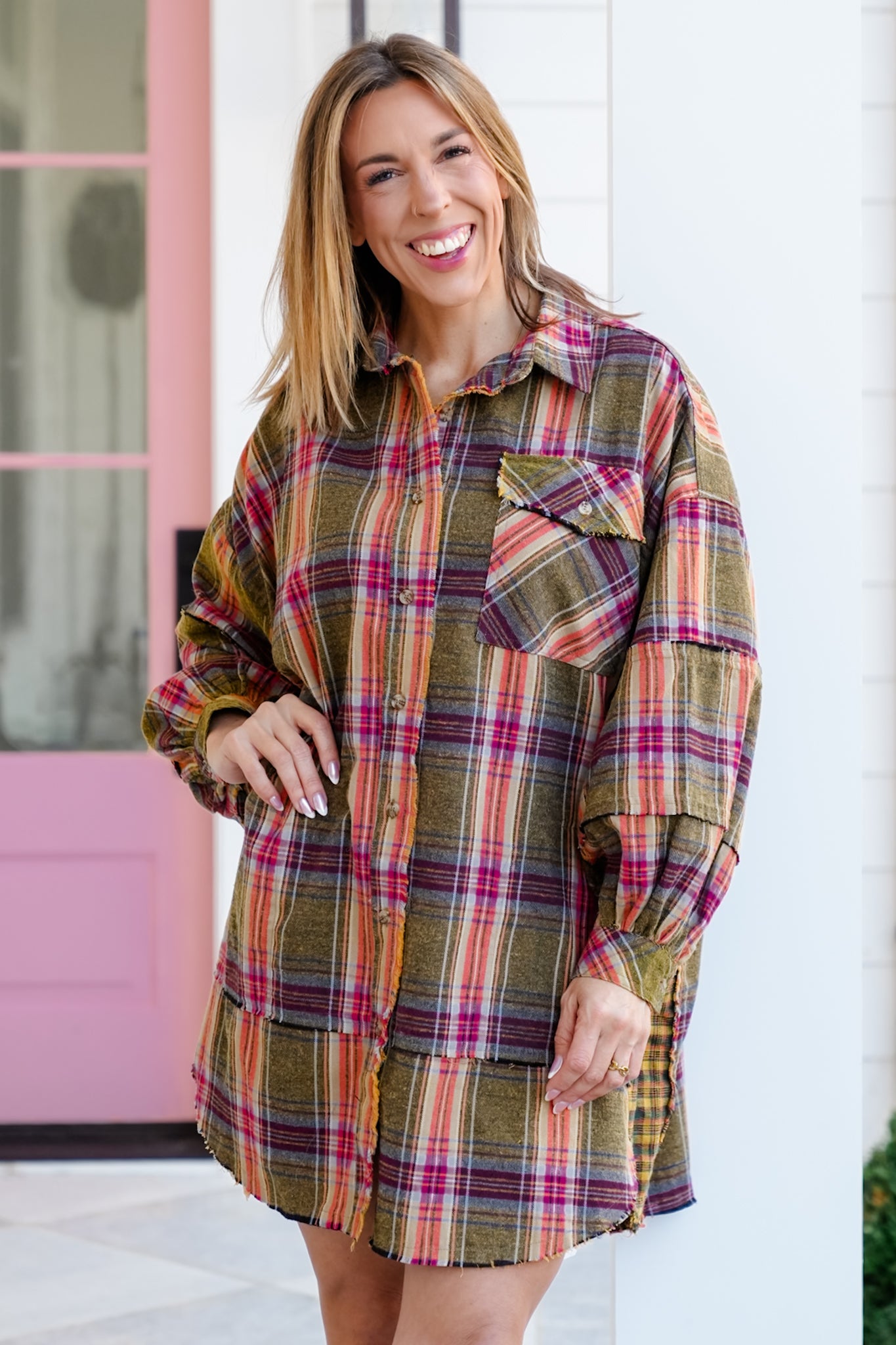 Plaid Long Sleeve Button Down Tunic Dress - Freckled Poppy