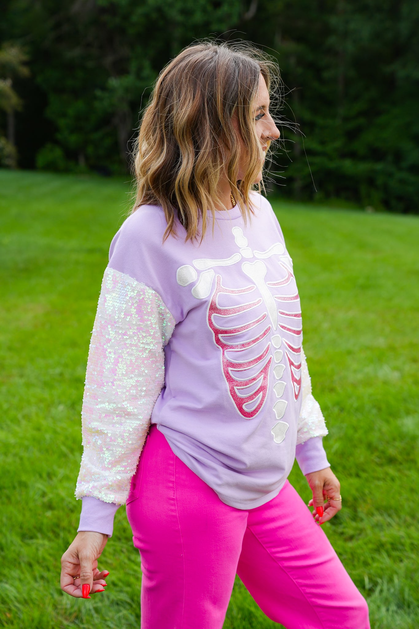 Plus/Reg Glitter Skeleton Long Sleeve Top with Sequins