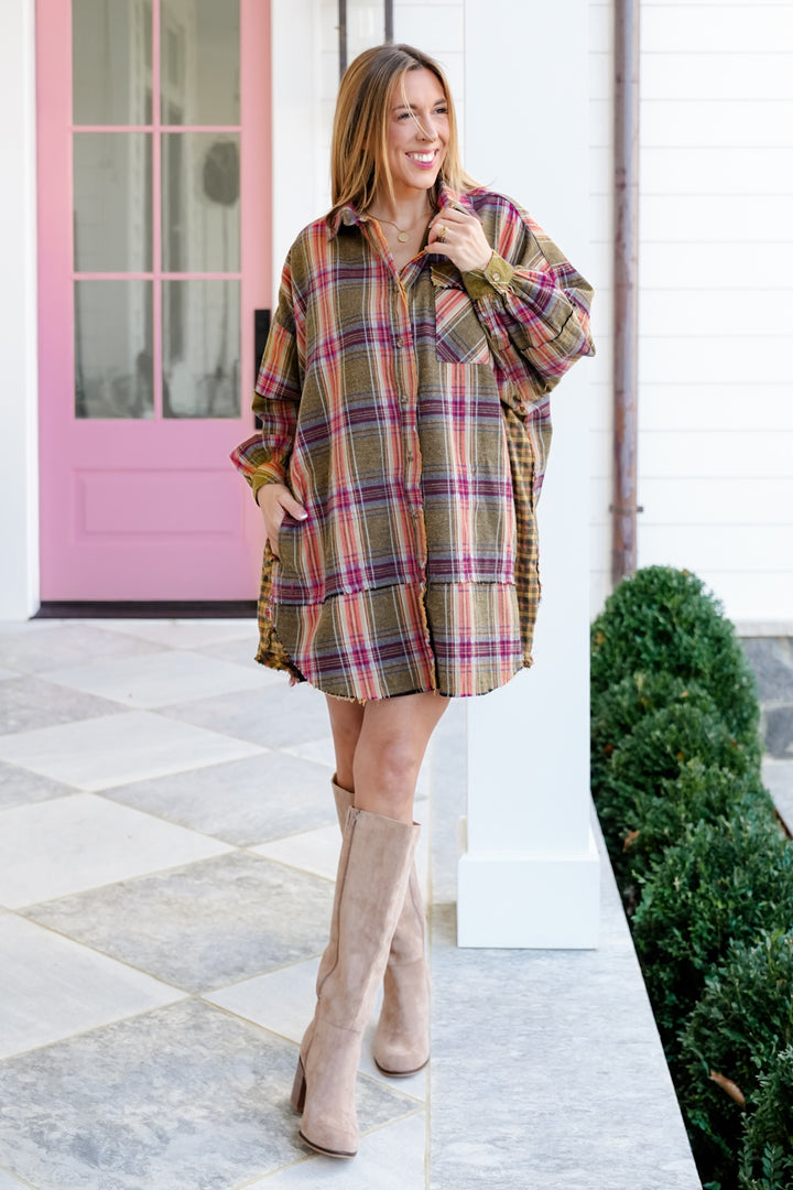 Plaid Long Sleeve Button Down Tunic Dress - Freckled Poppy