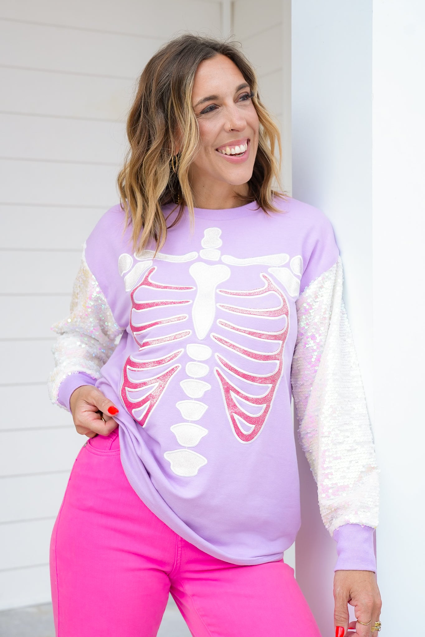 Plus/Reg Glitter Skeleton Long Sleeve Top with Sequins