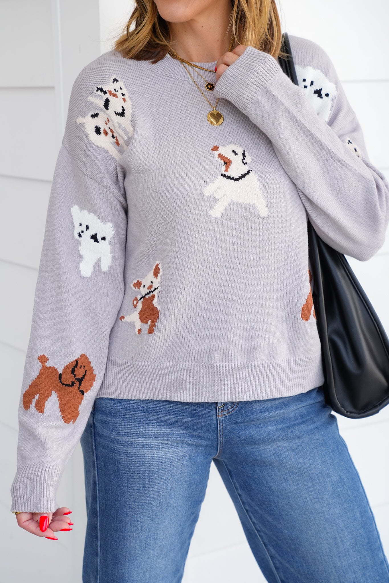 Multi Dog Print Long Sleeve Pullover Sweater