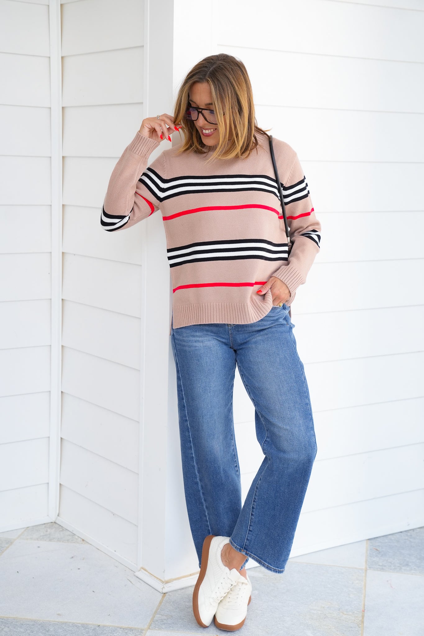 Plus/Reg Stripe Long Sleeve Crew Neck Sweater