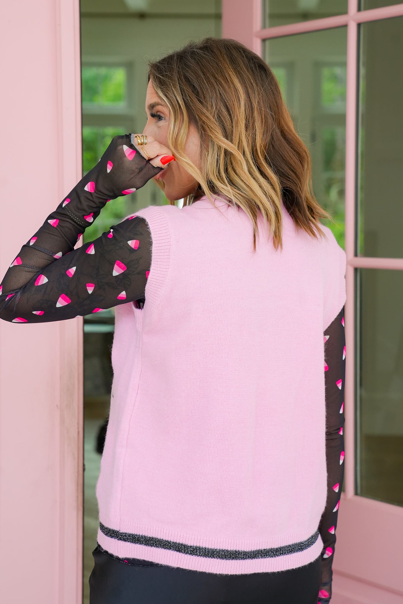 Plus/Reg Long Sleeve Candy Corn Mesh Top