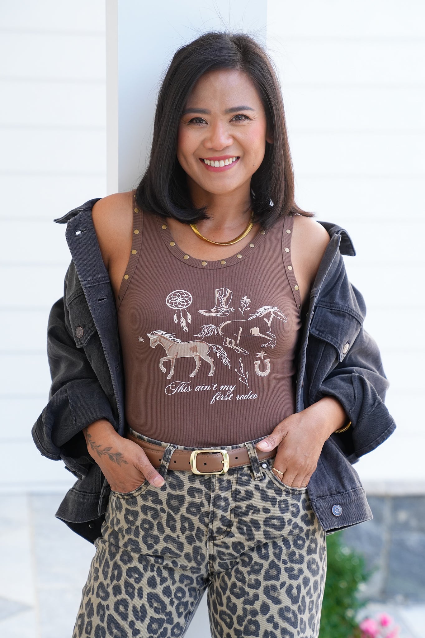"This Ain't My First Rodeo" Studded Graphic Tank Top