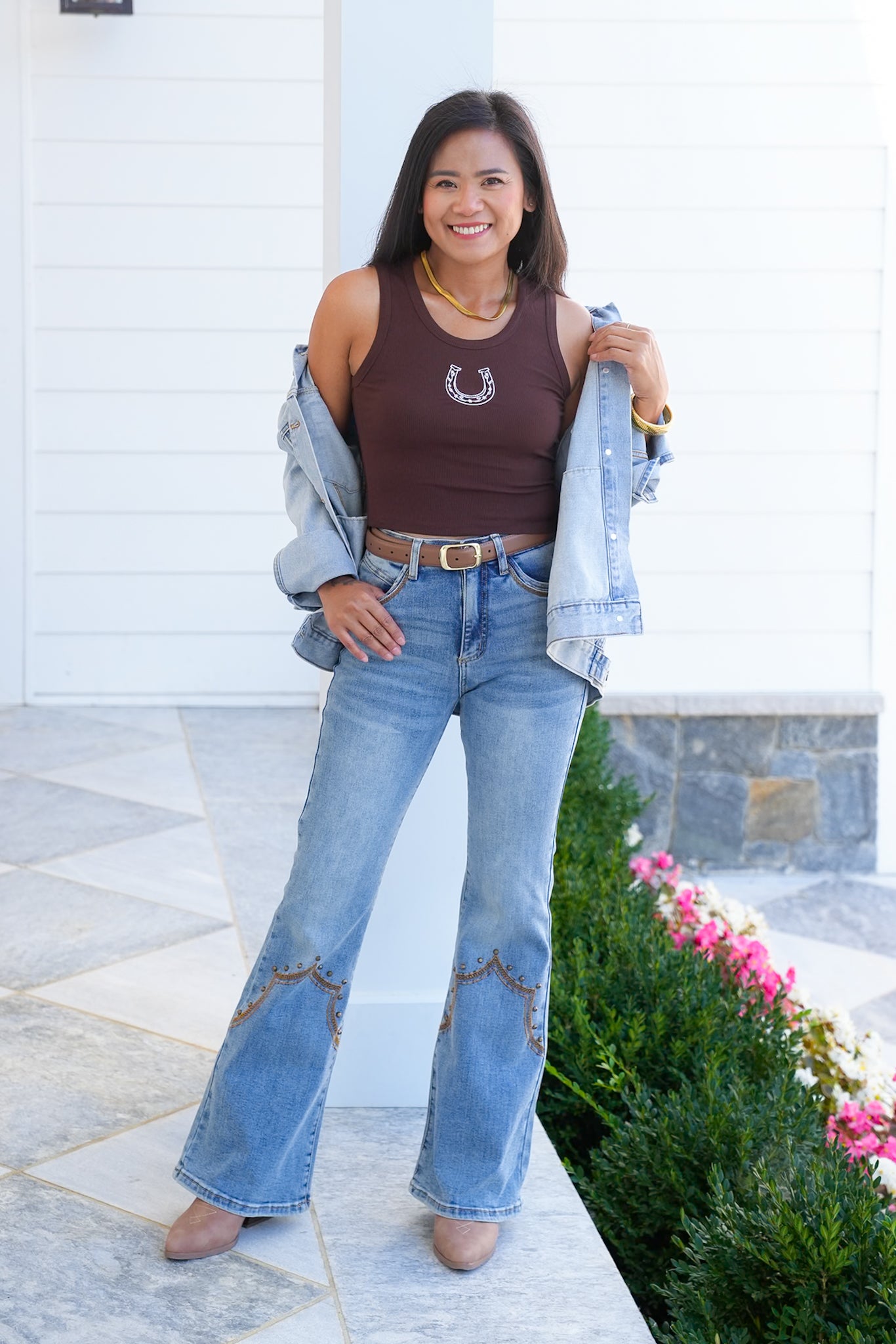 Embroidered " Rodeo" Scoop Neck Tank Top