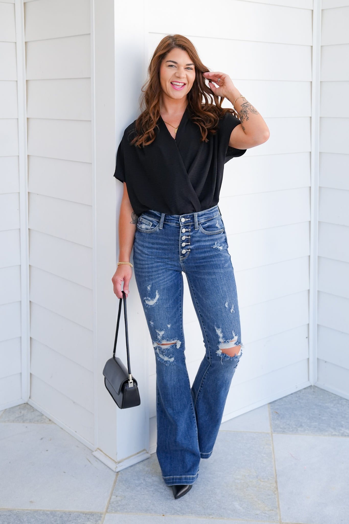 Black Surplice Short Sleeve Bodysuit