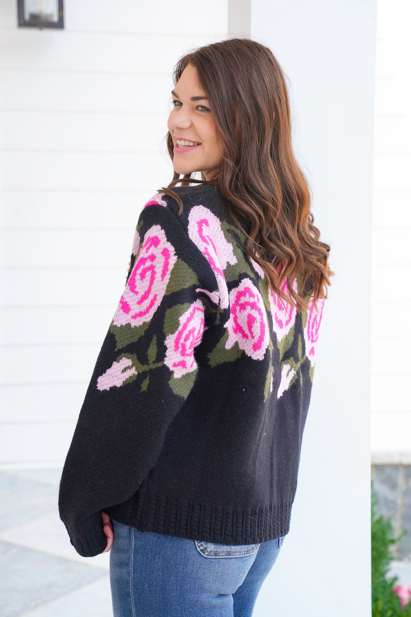 POL Floral Print Long Sleeve Sweater with Pearl Detail