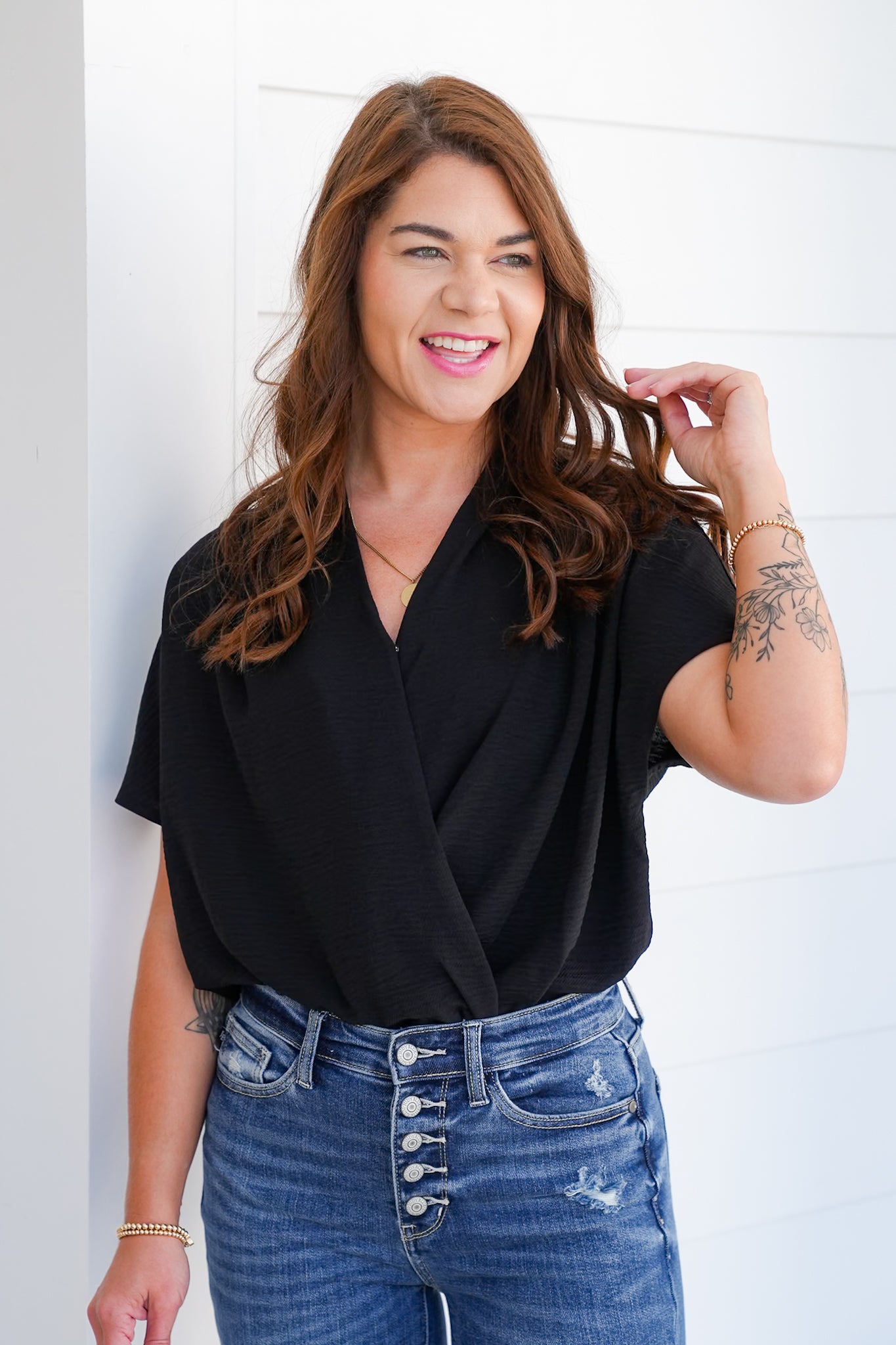 Black Surplice Short Sleeve Bodysuit
