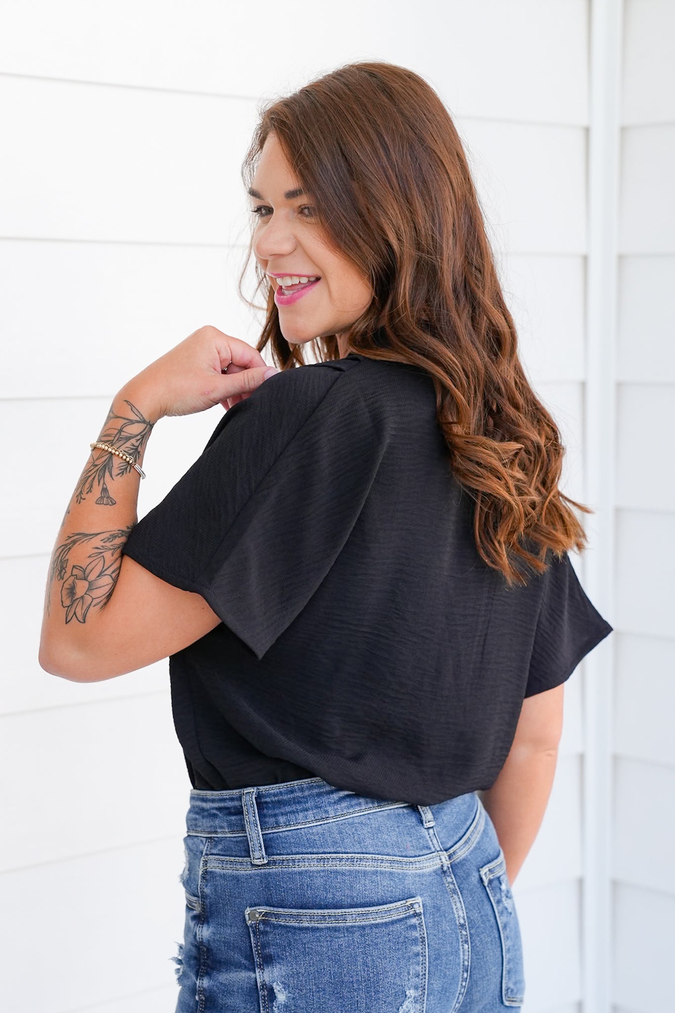 Black Surplice Short Sleeve Bodysuit