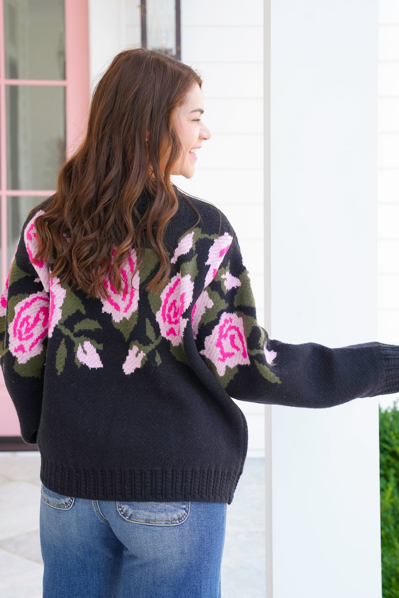 POL Floral Print Long Sleeve Sweater with Pearl Detail