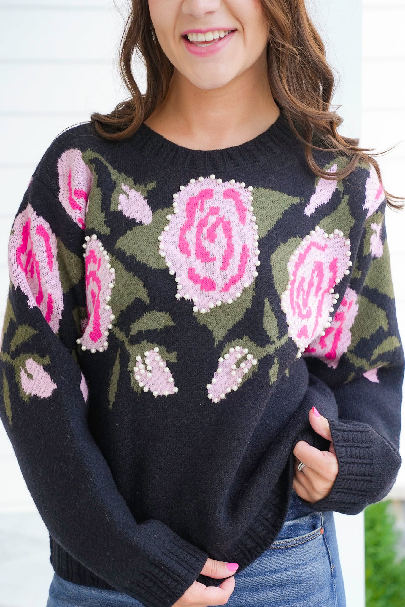 POL Floral Print Long Sleeve Sweater with Pearl Detail