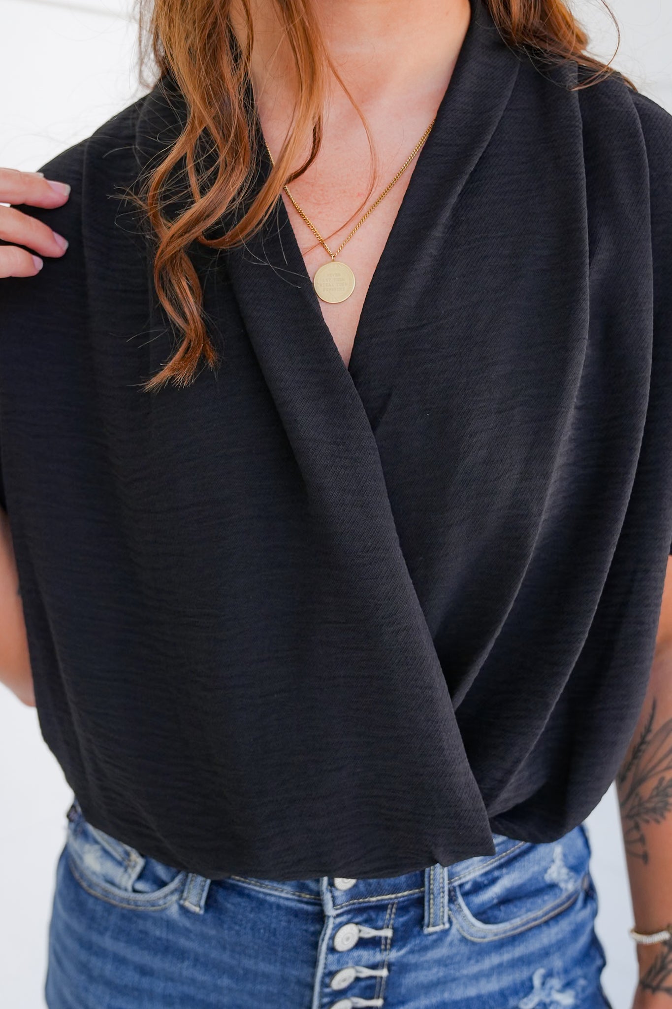 Black Surplice Short Sleeve Bodysuit