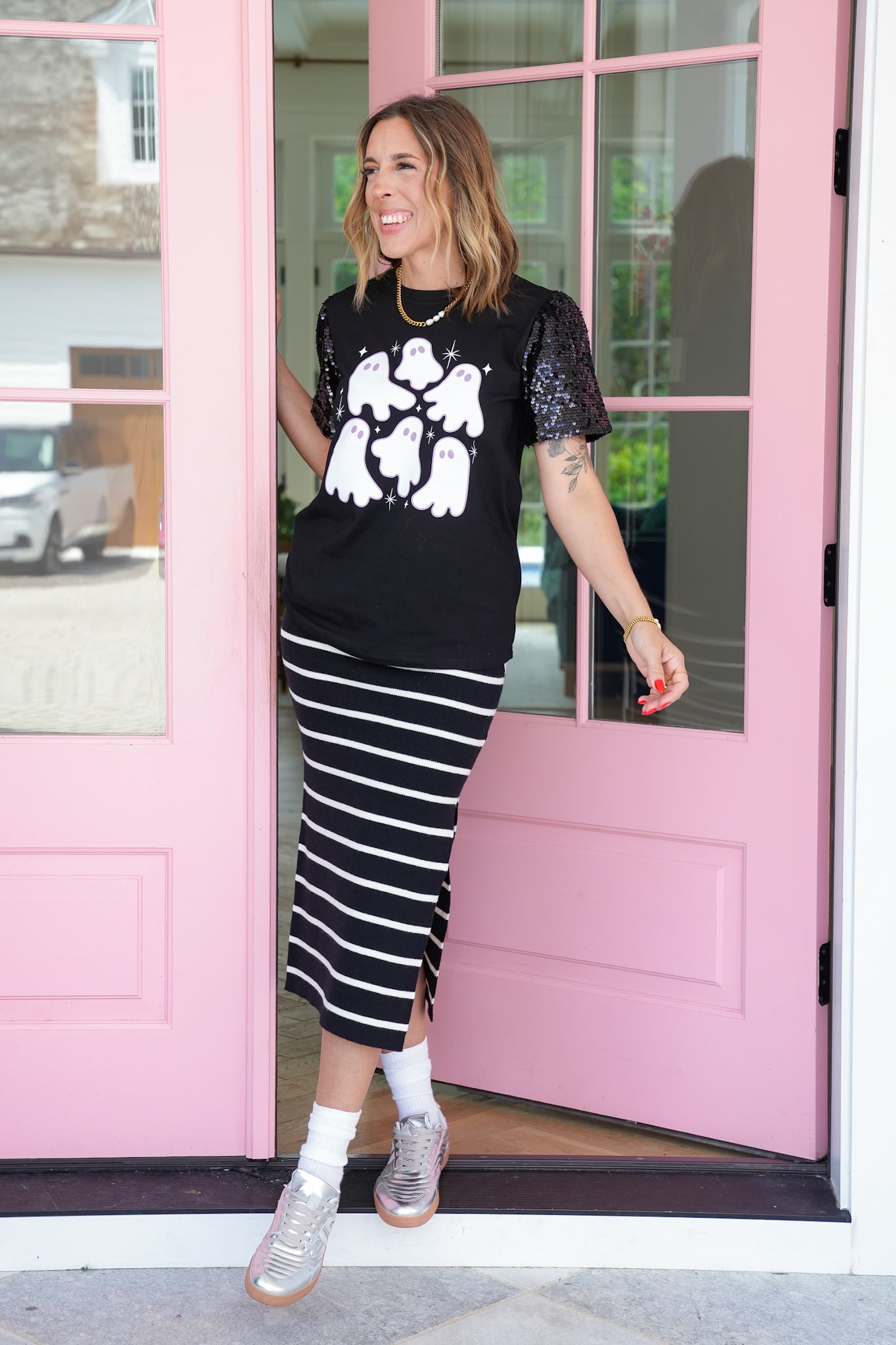 Plus/Reg Glitter Ghost Tee with Sequins