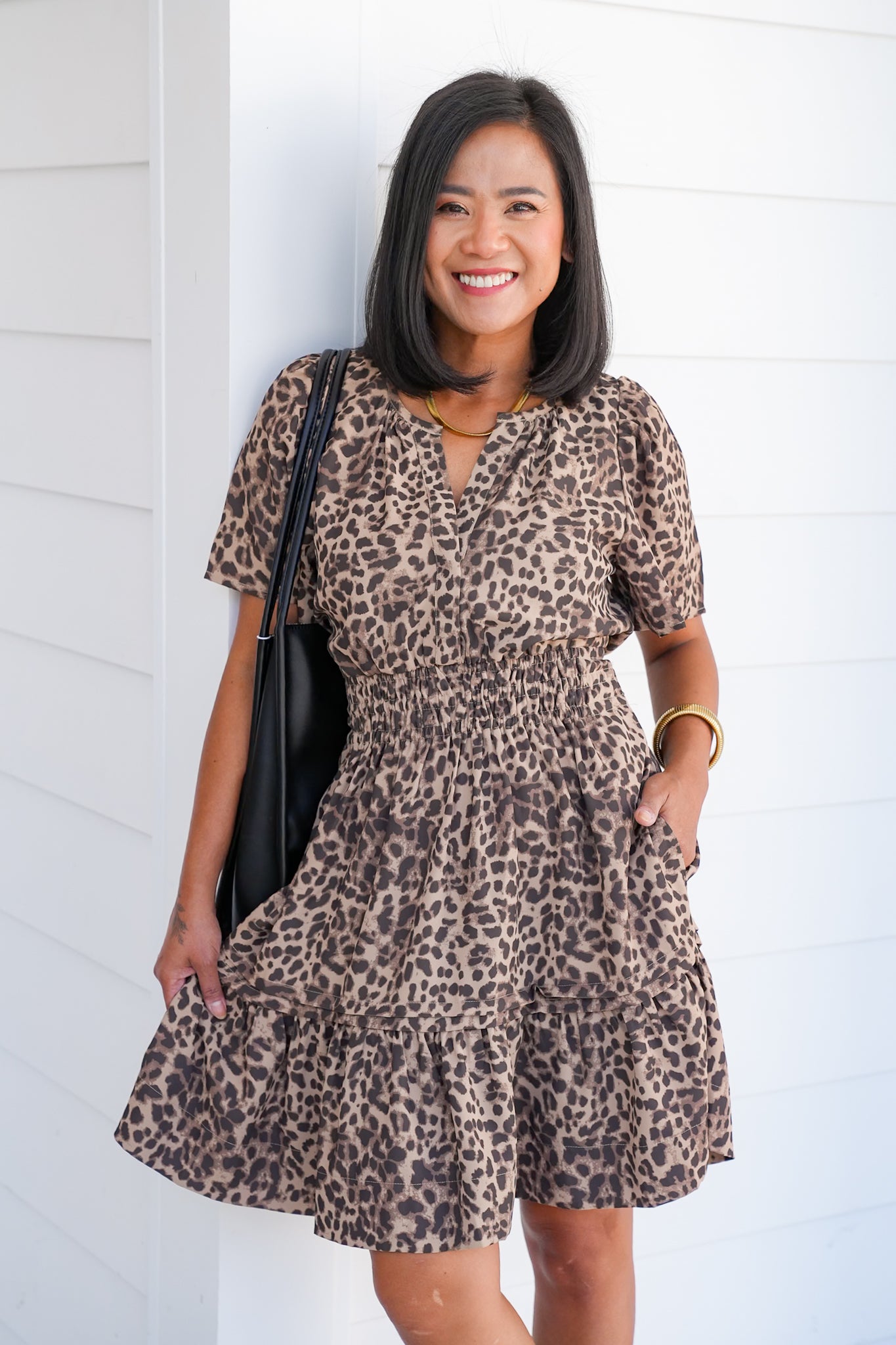 Plus/Reg Leopard Print Short Sleeve Elastic Waist Dress