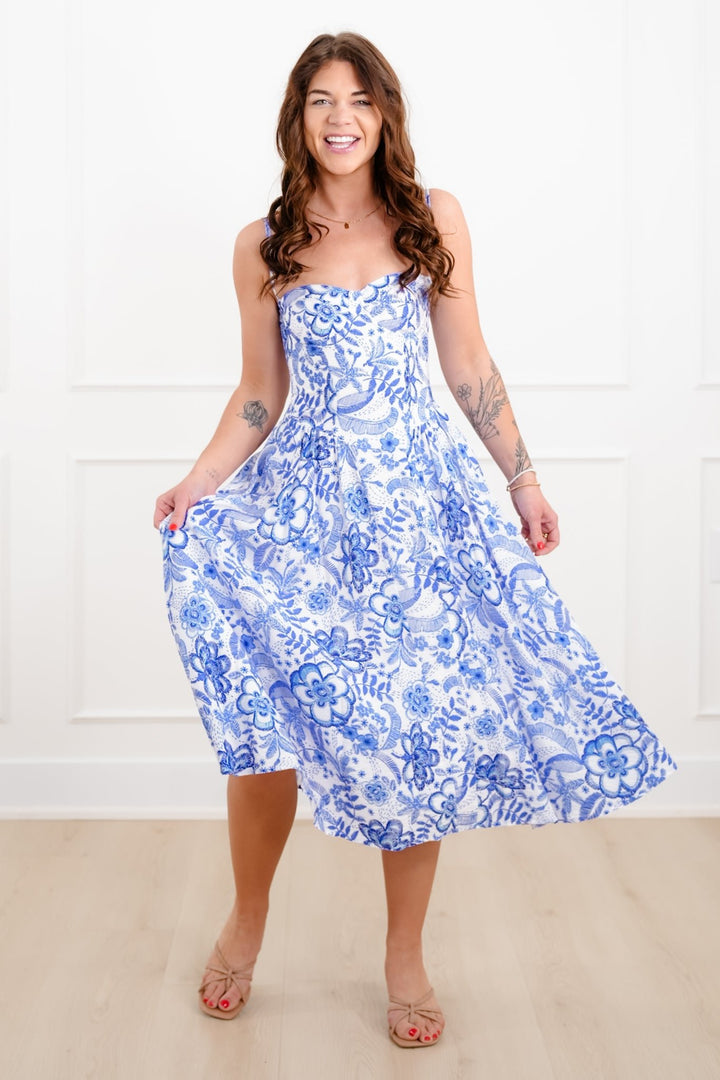 Blue Floral Sleeveless Midi Dress - Freckled Poppy