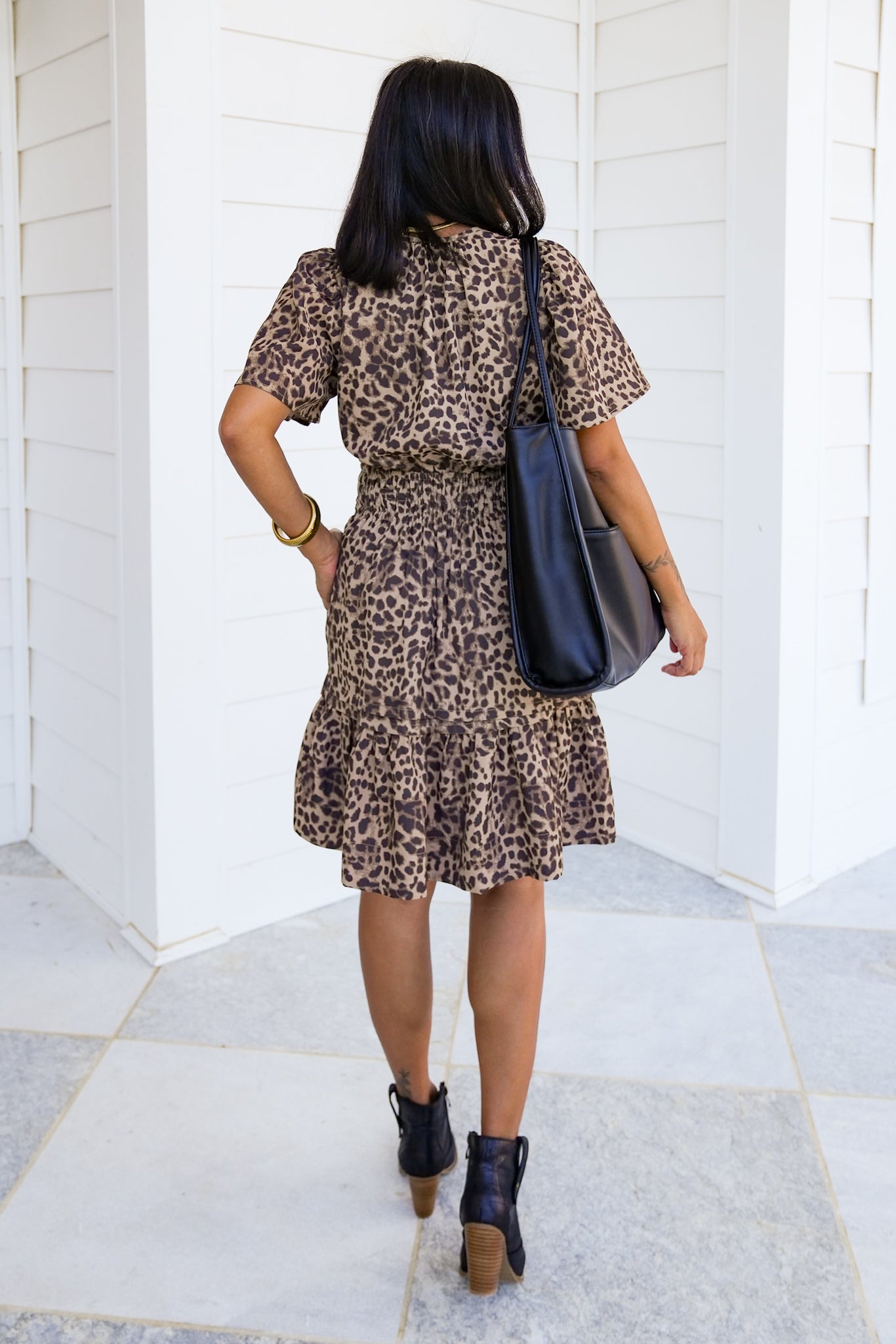 Plus/Reg Leopard Print Short Sleeve Elastic Waist Dress