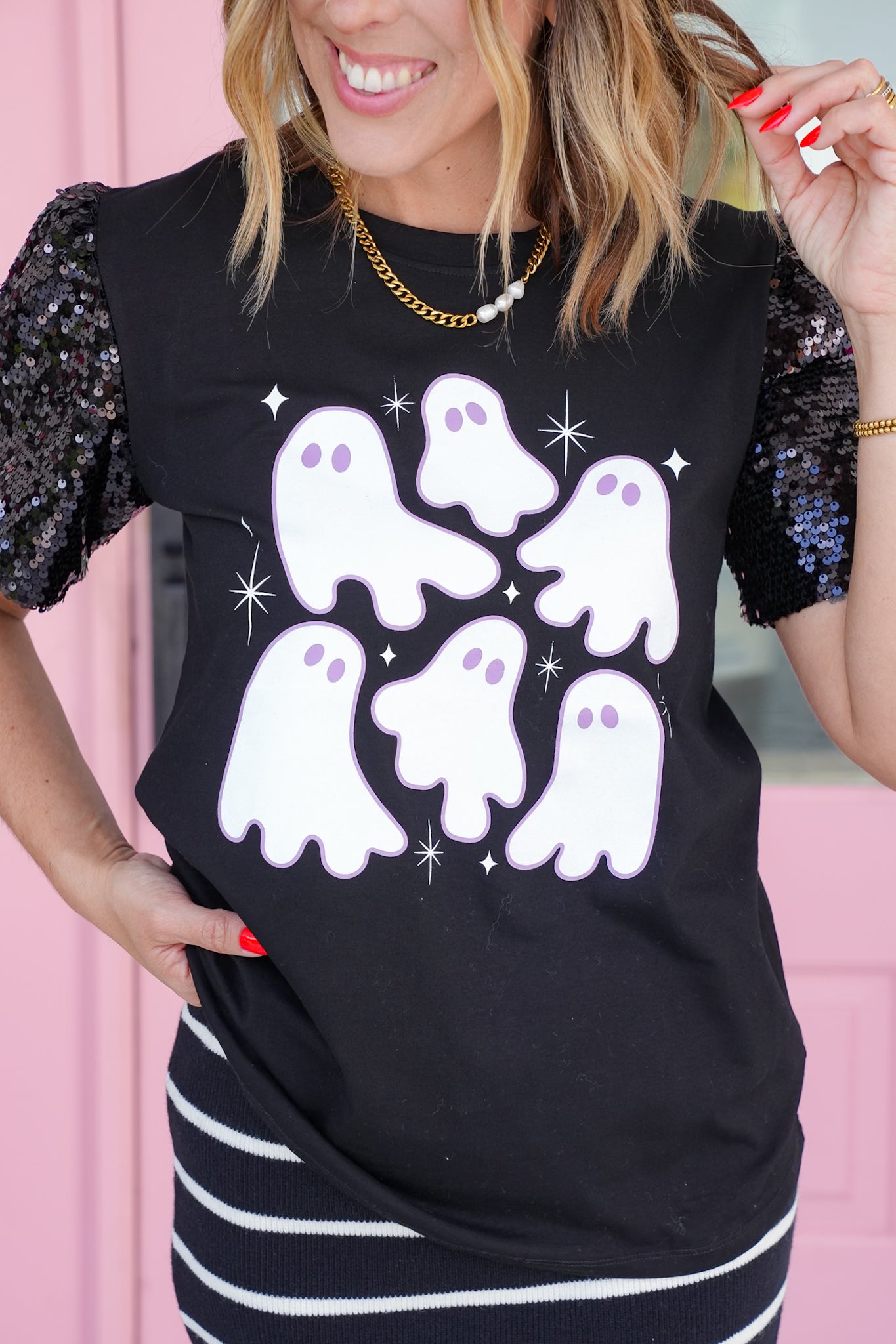 Plus/Reg Glitter Ghost Tee with Sequins