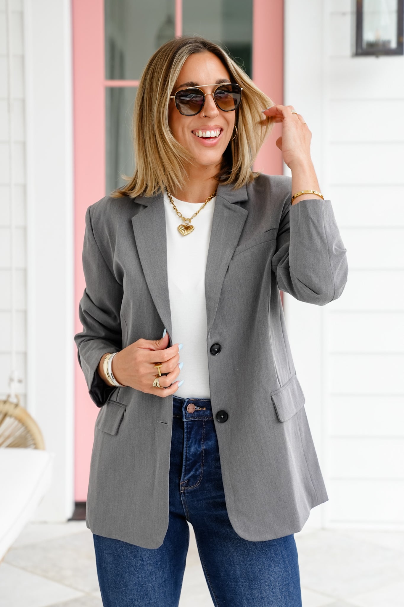 Grey Long Sleeve Single Breasted Blazer