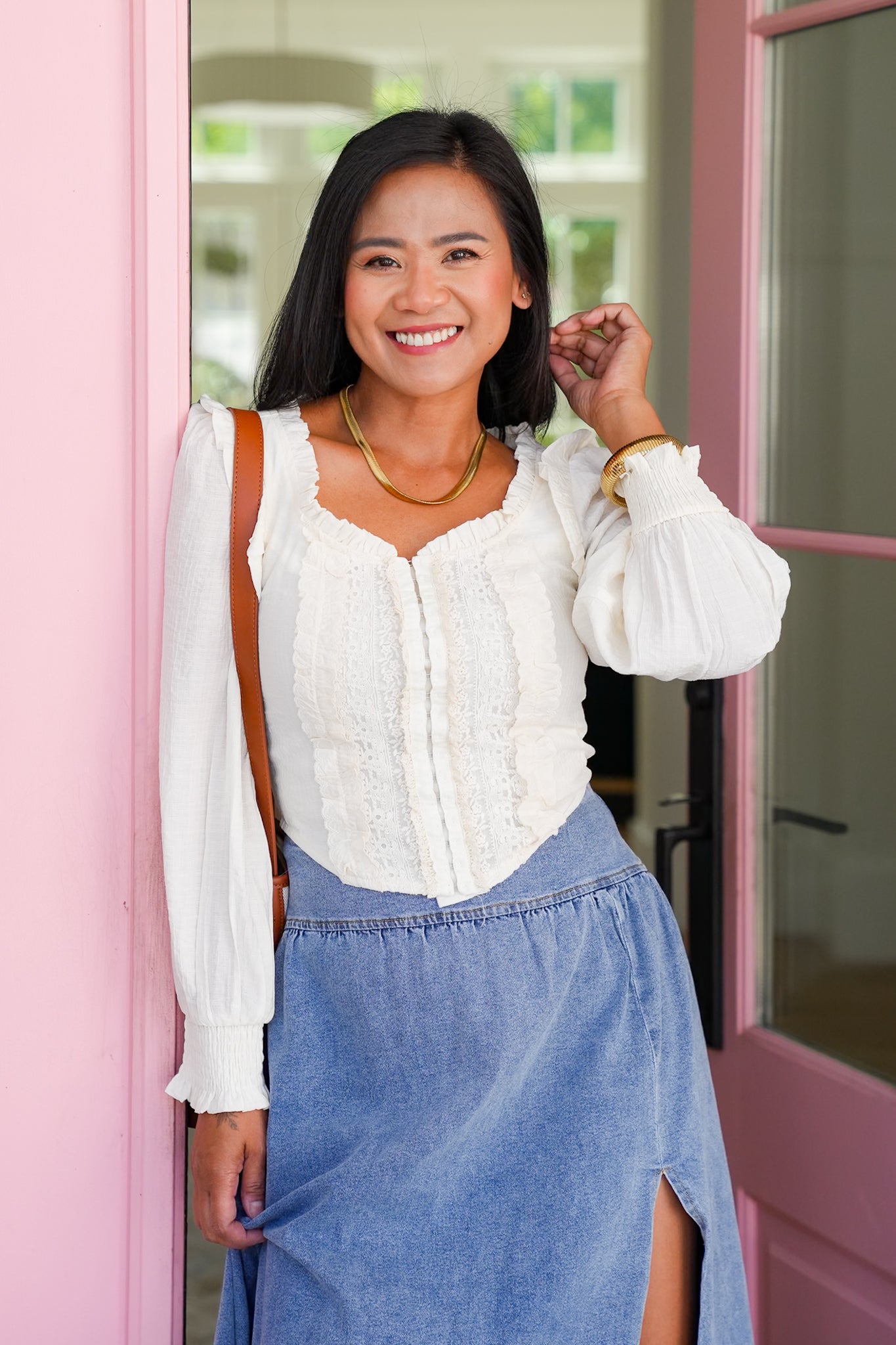 Long Sleeve Scoop Neck Ruffled Corset Blouse with Hook and Eye Closure Detail