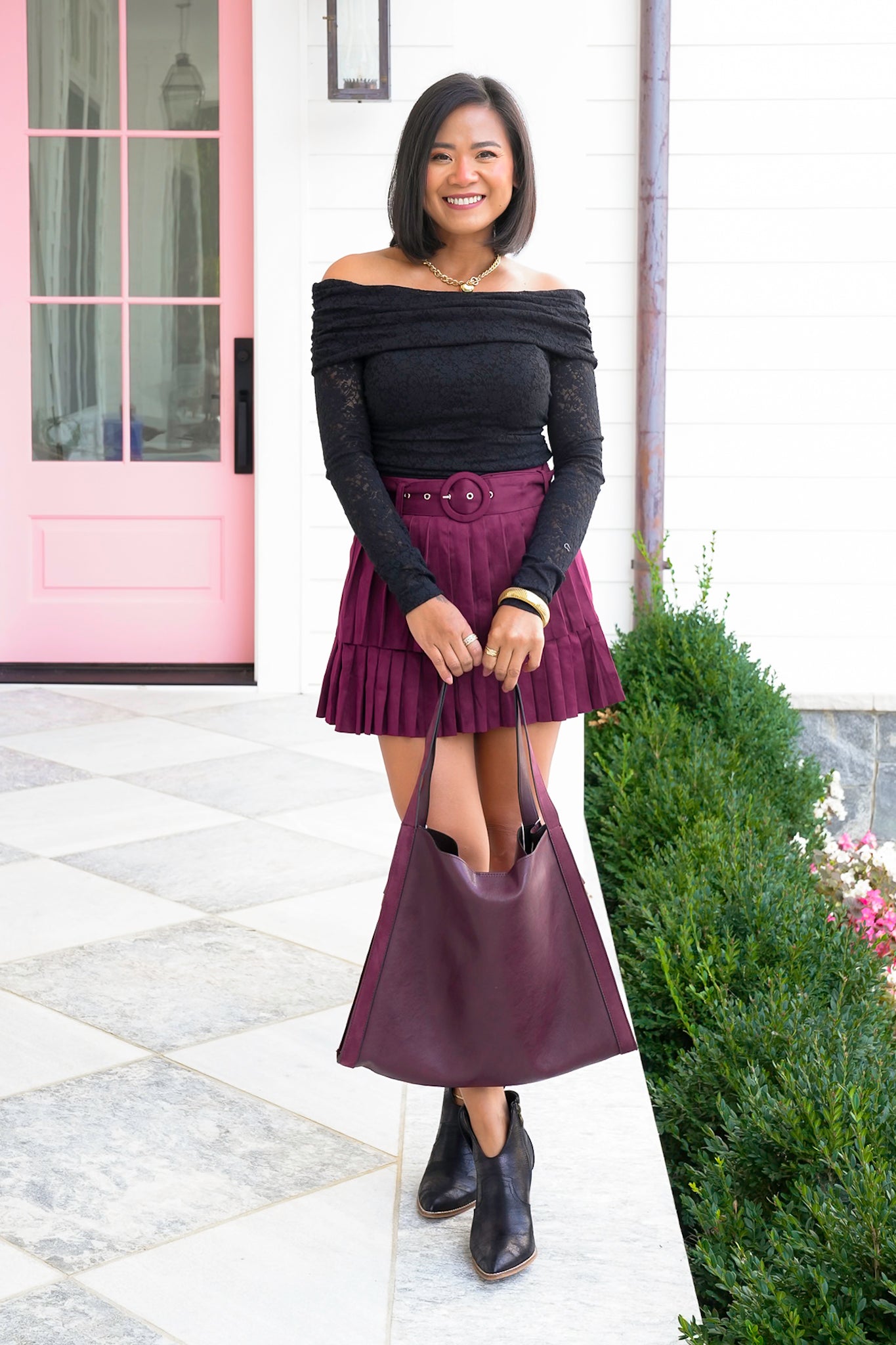 Lace Off Shoulder Long Sleeve Top with Ruched Side