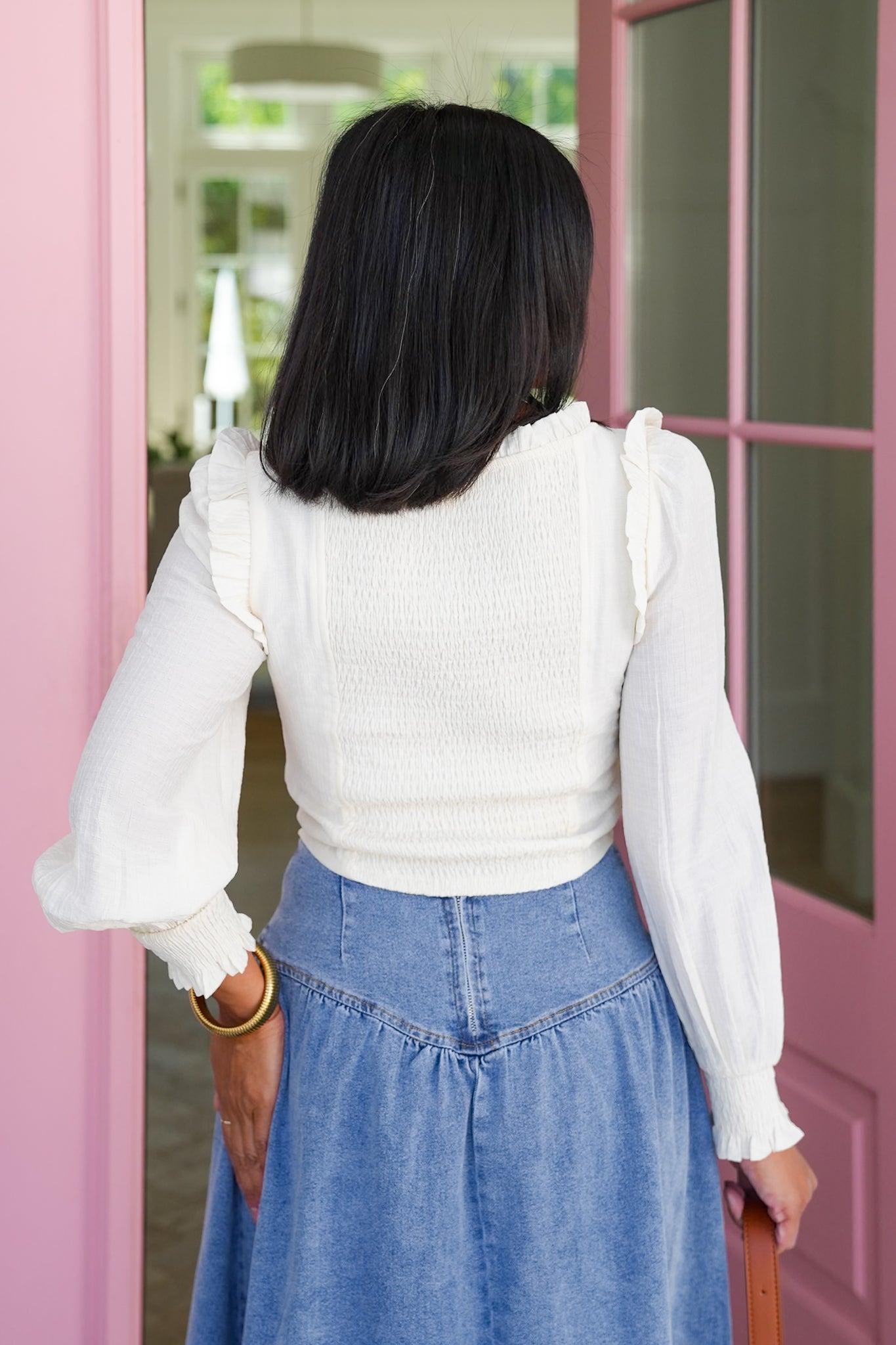 Long Sleeve Scoop Neck Ruffled Corset Blouse with Hook and Eye Closure Detail