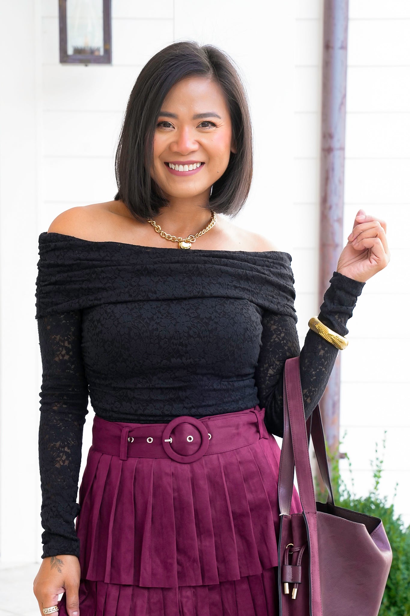Lace Off Shoulder Long Sleeve Top with Ruched Side