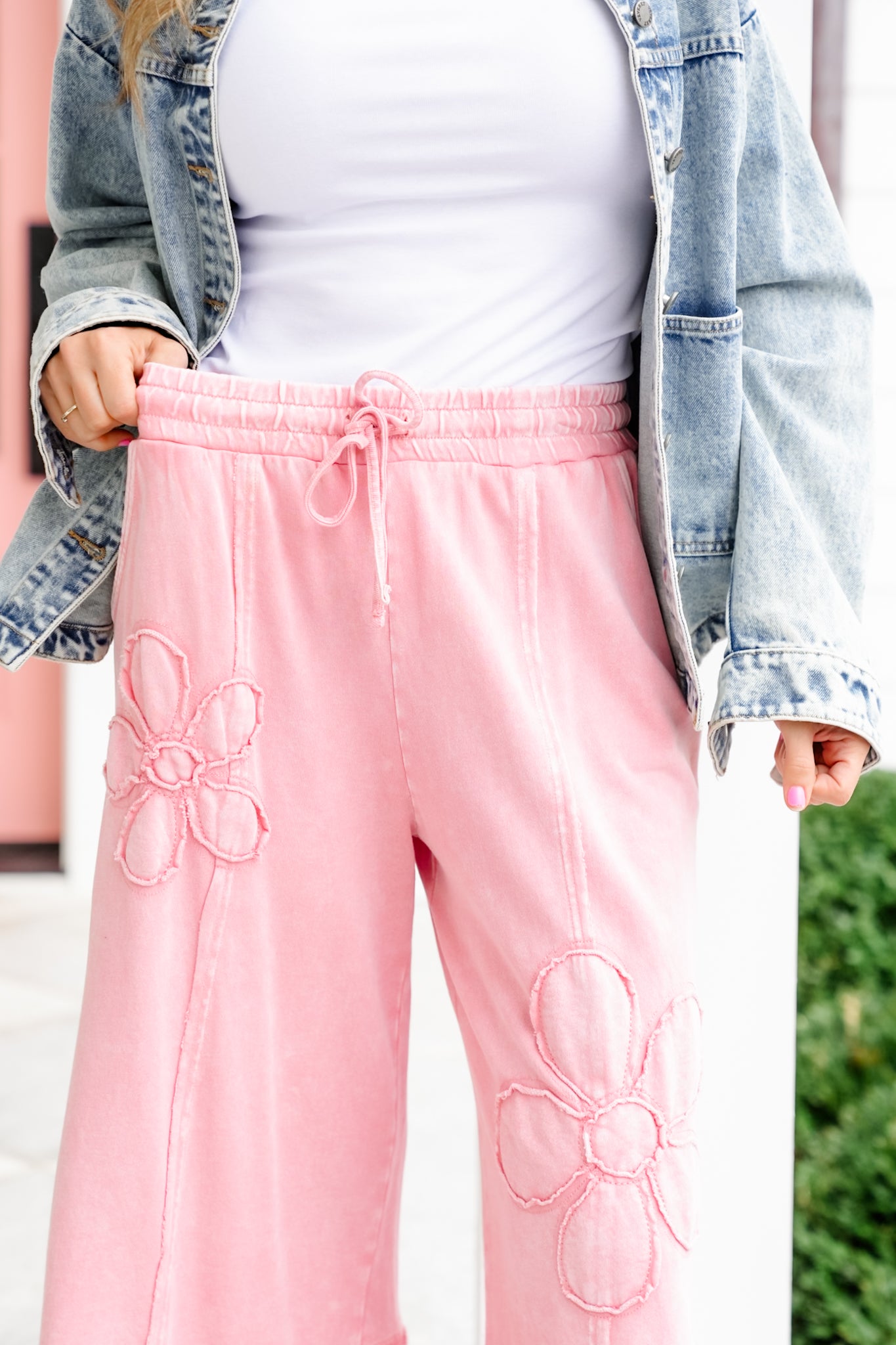 Mineral Wash Elastic Waist Pants with Flower Patch Detail