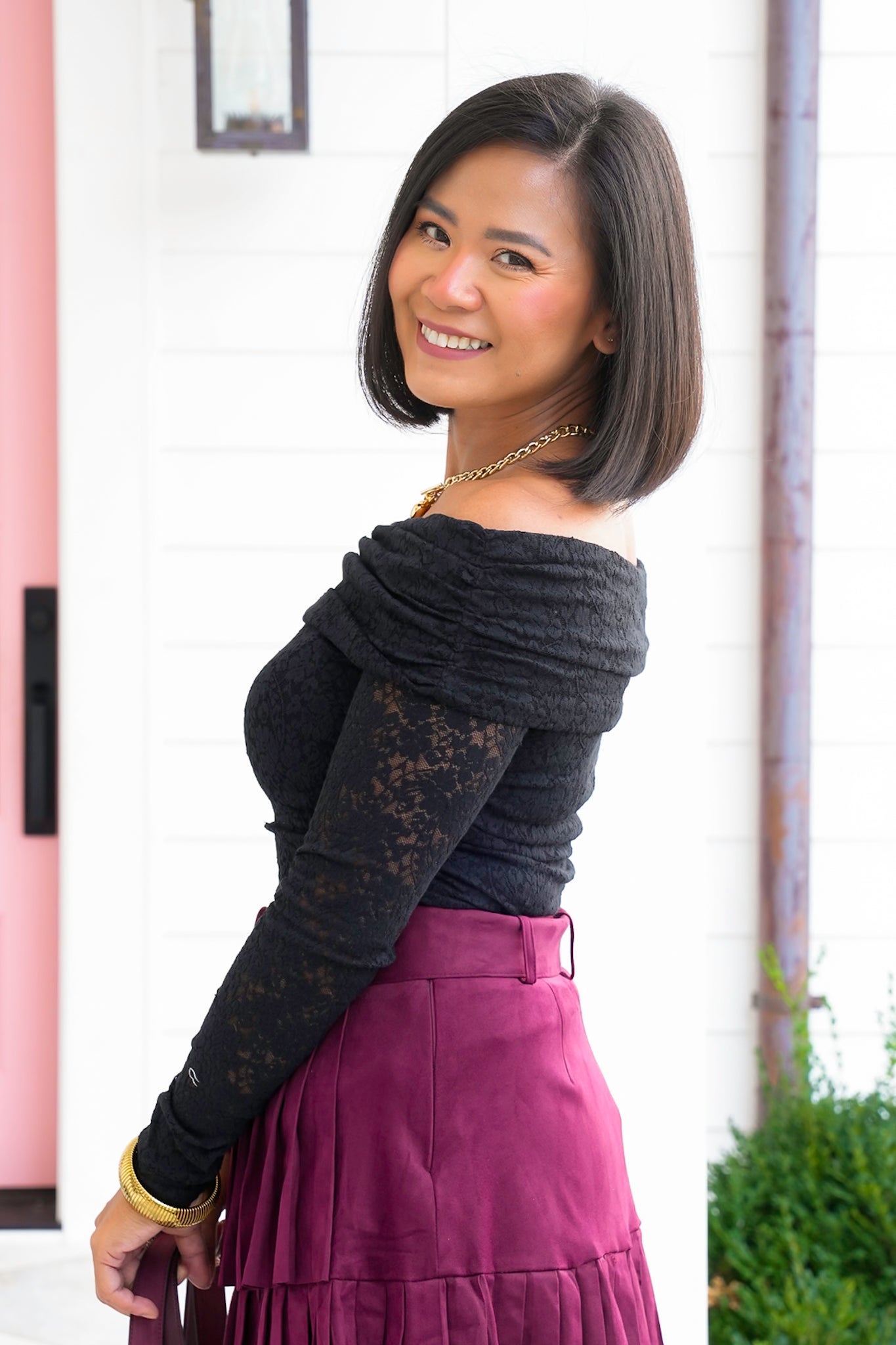 Lace Off Shoulder Long Sleeve Top with Ruched Side