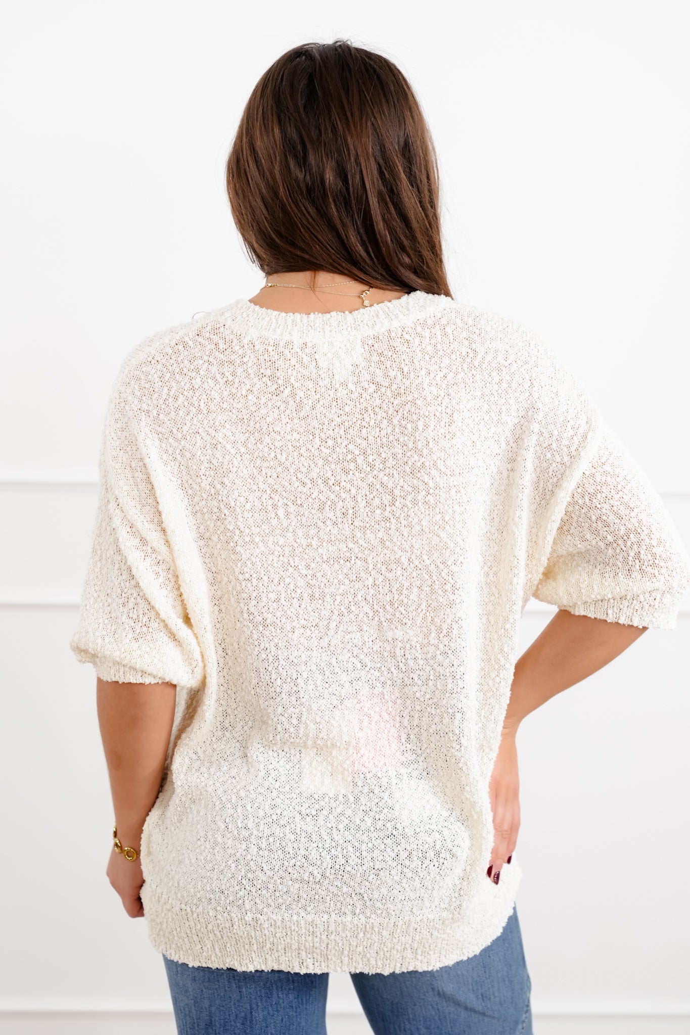 Popcorn Textured Short Sleeve Pullover Sweater with Star Pattern Detail