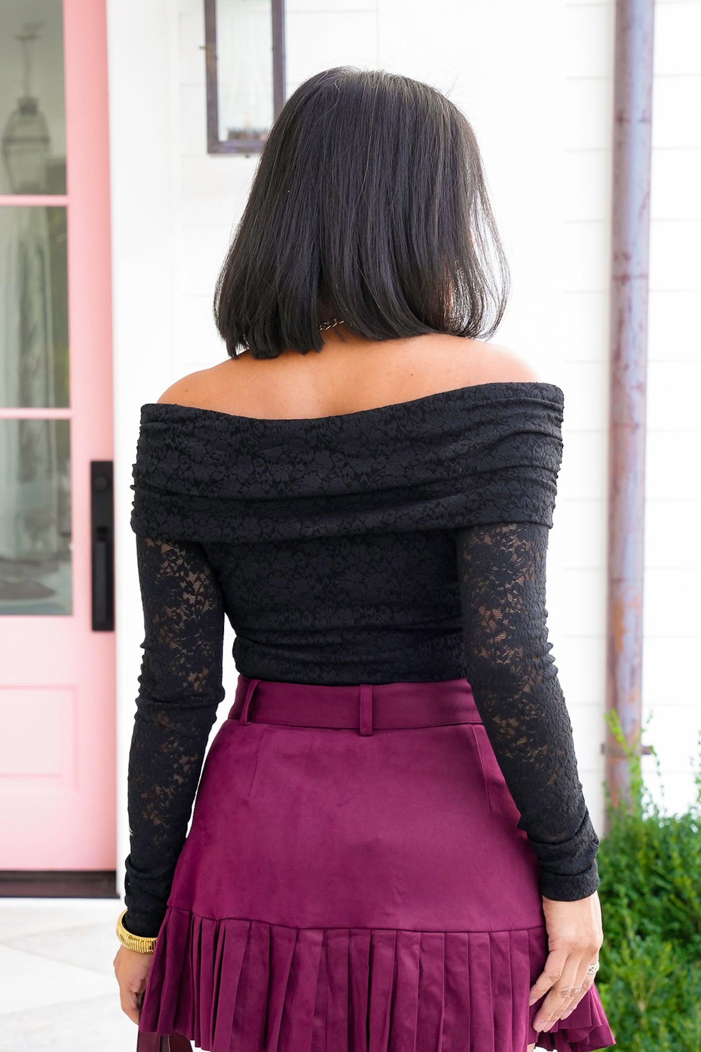 Lace Off Shoulder Long Sleeve Top with Ruched Side