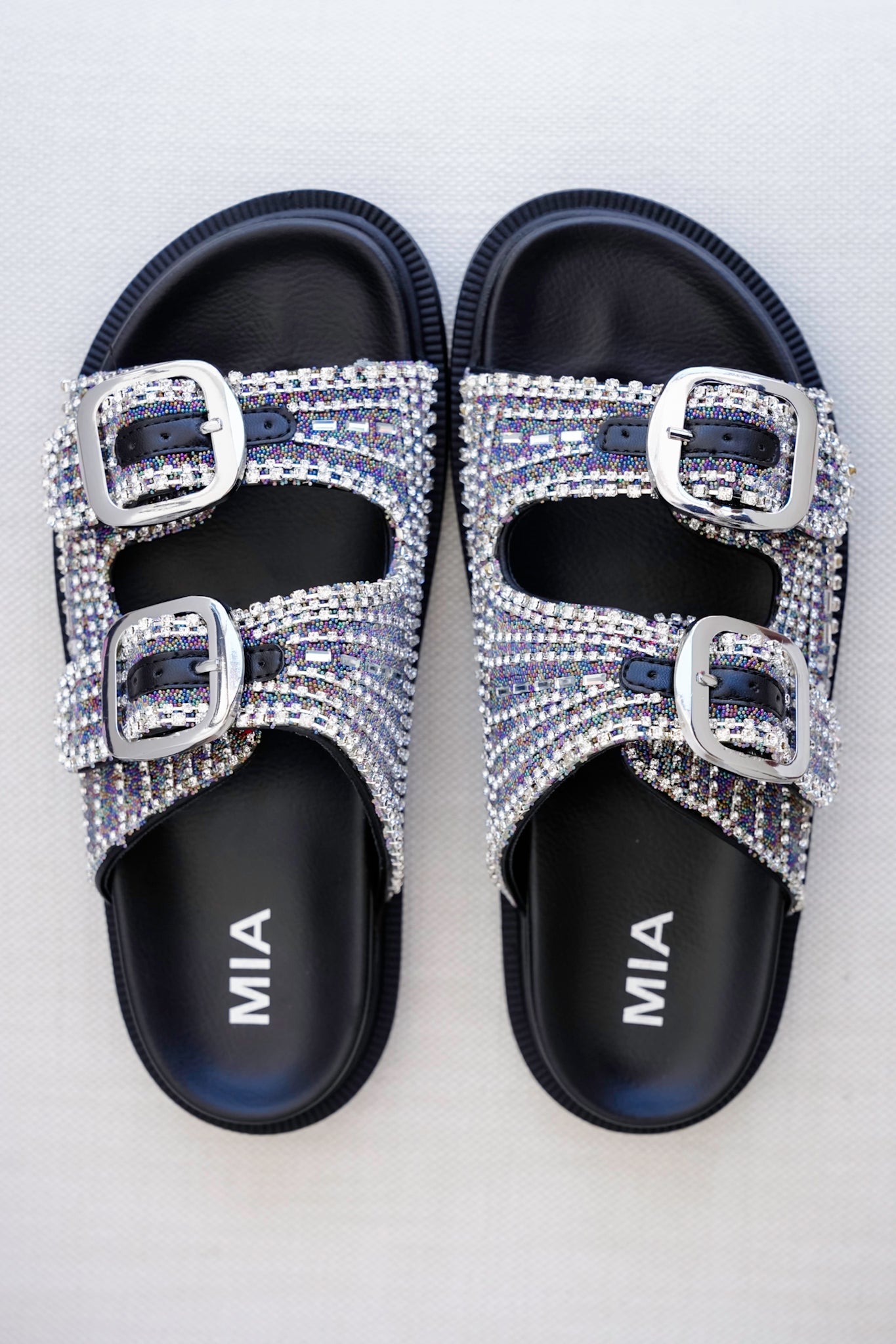 MIA Double Buckle Slide Sandals with Crystal Embellishments