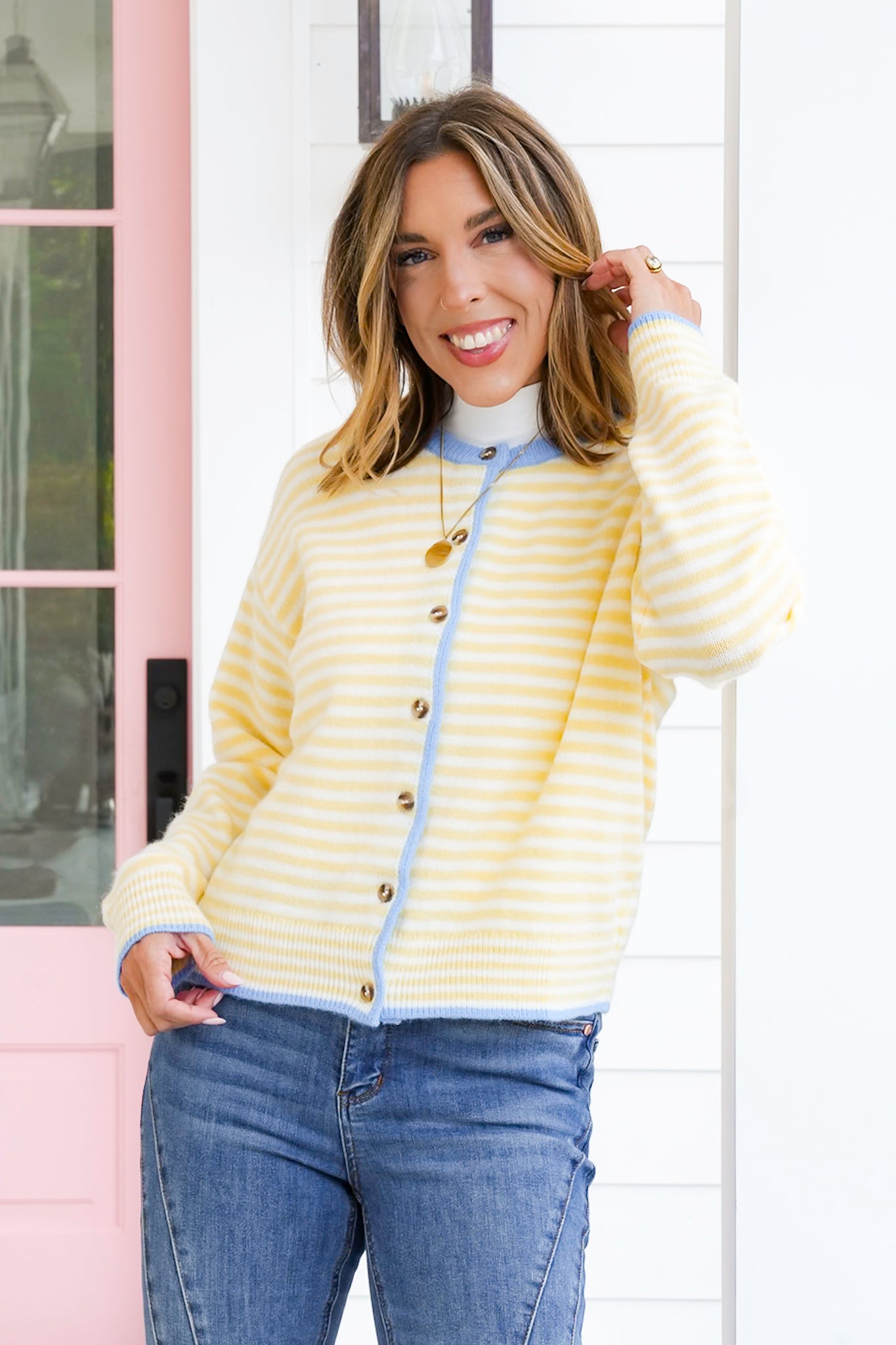 Stripe Long Sleeve Button Down Cardigan with Contrast Trim
