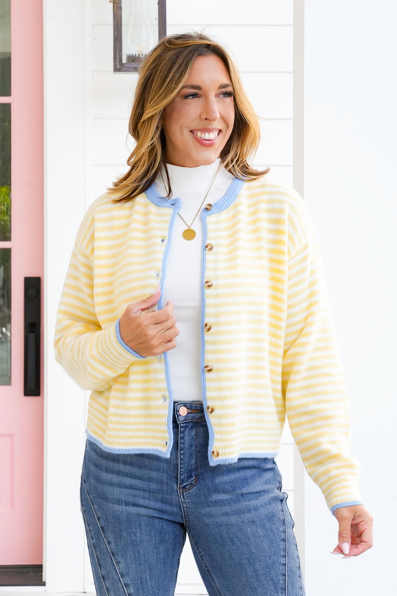 Stripe Long Sleeve Button Down Cardigan with Contrast Trim