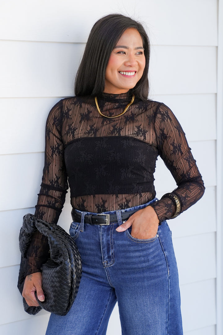 Black Floral Mesh Long Sleeve Mock Neck Top