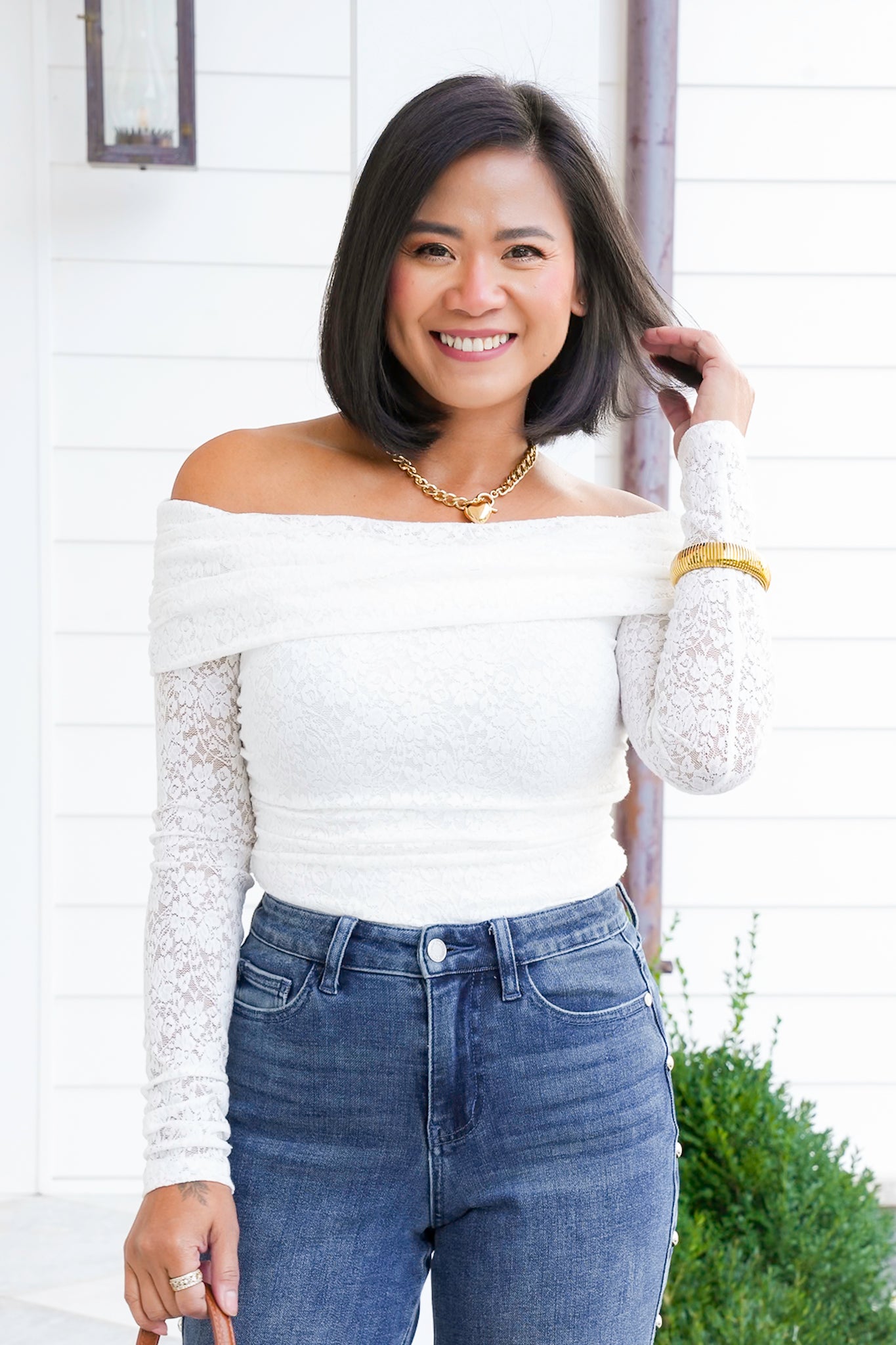 Lace Off Shoulder Long Sleeve Top with Ruched Side