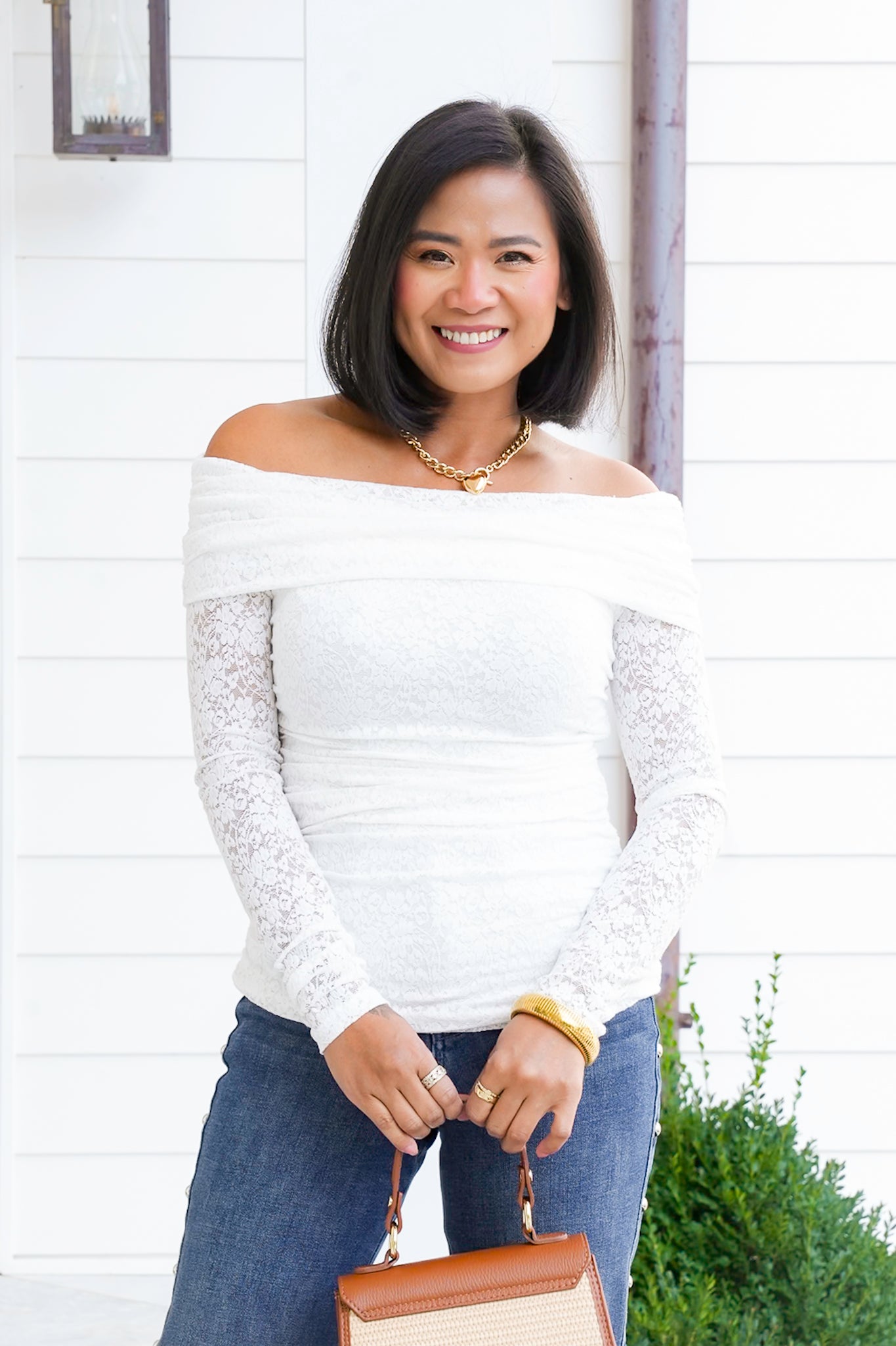 Lace Off Shoulder Long Sleeve Top with Ruched Side